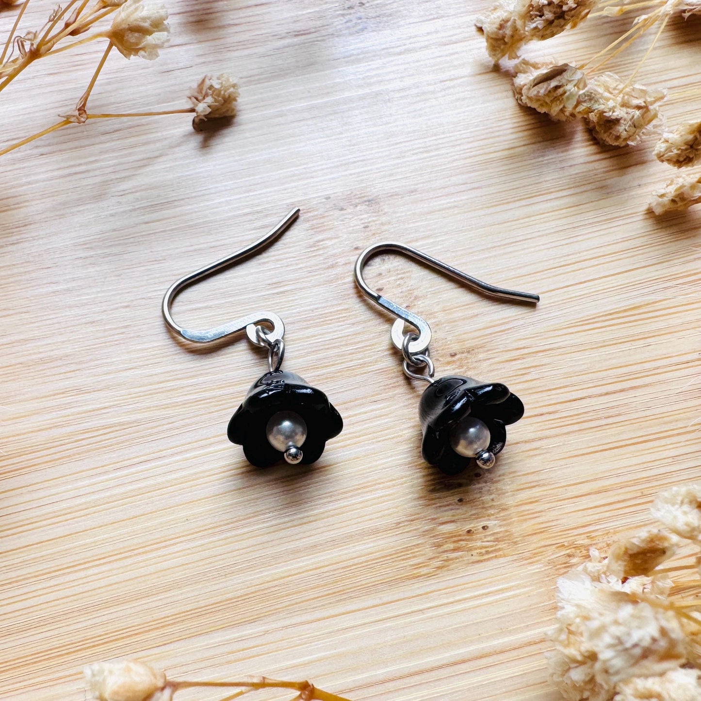 Glass Flower Earrings, Silver Earrings, Pearl Earrings Dangle, Goth Earrings, Bridesmaid Jewelry, Cottagecore Jewelry, Mothers Day Gift