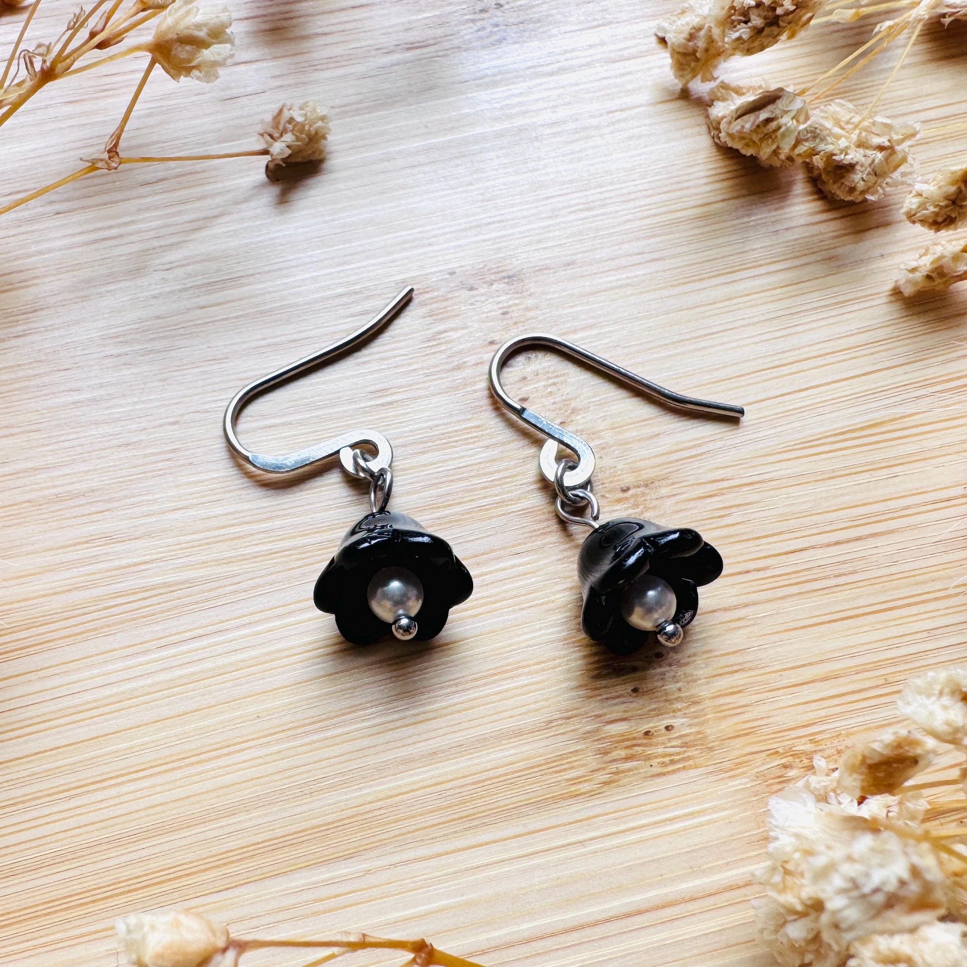 Glass Flower Earrings, Silver Earrings, Pearl Earrings Dangle, Goth Earrings, Bridesmaid Jewelry, Cottagecore Jewelry, Mothers Day Gift