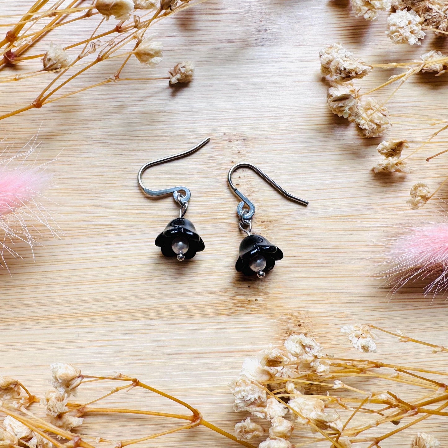 Glass Flower Earrings, Silver Earrings, Pearl Earrings Dangle, Goth Earrings, Bridesmaid Jewelry, Cottagecore Jewelry, Mothers Day Gift