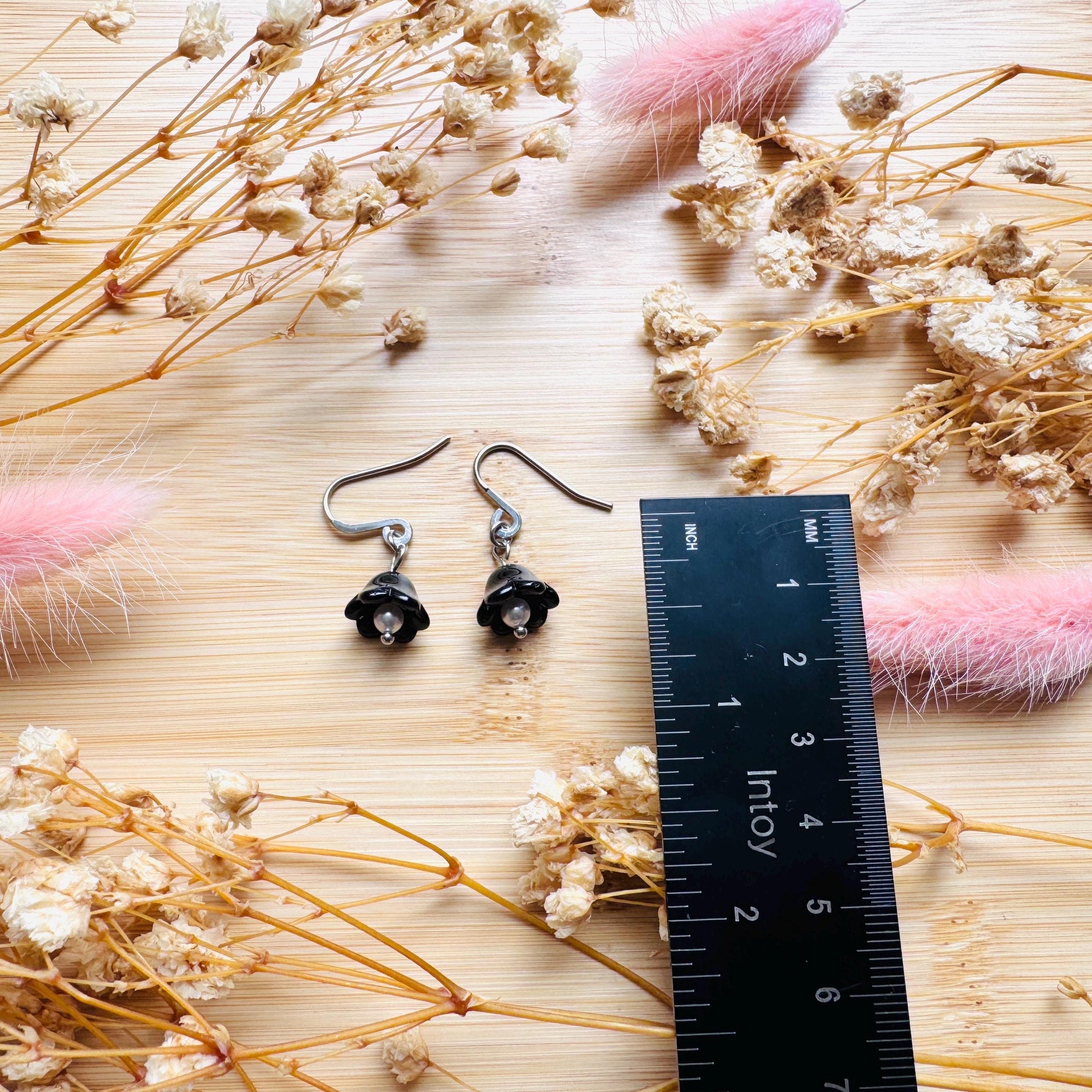 Glass Flower Earrings, Silver Earrings, Pearl Earrings Dangle, Goth Earrings, Bridesmaid Jewelry, Cottagecore Jewelry, Mothers Day Gift