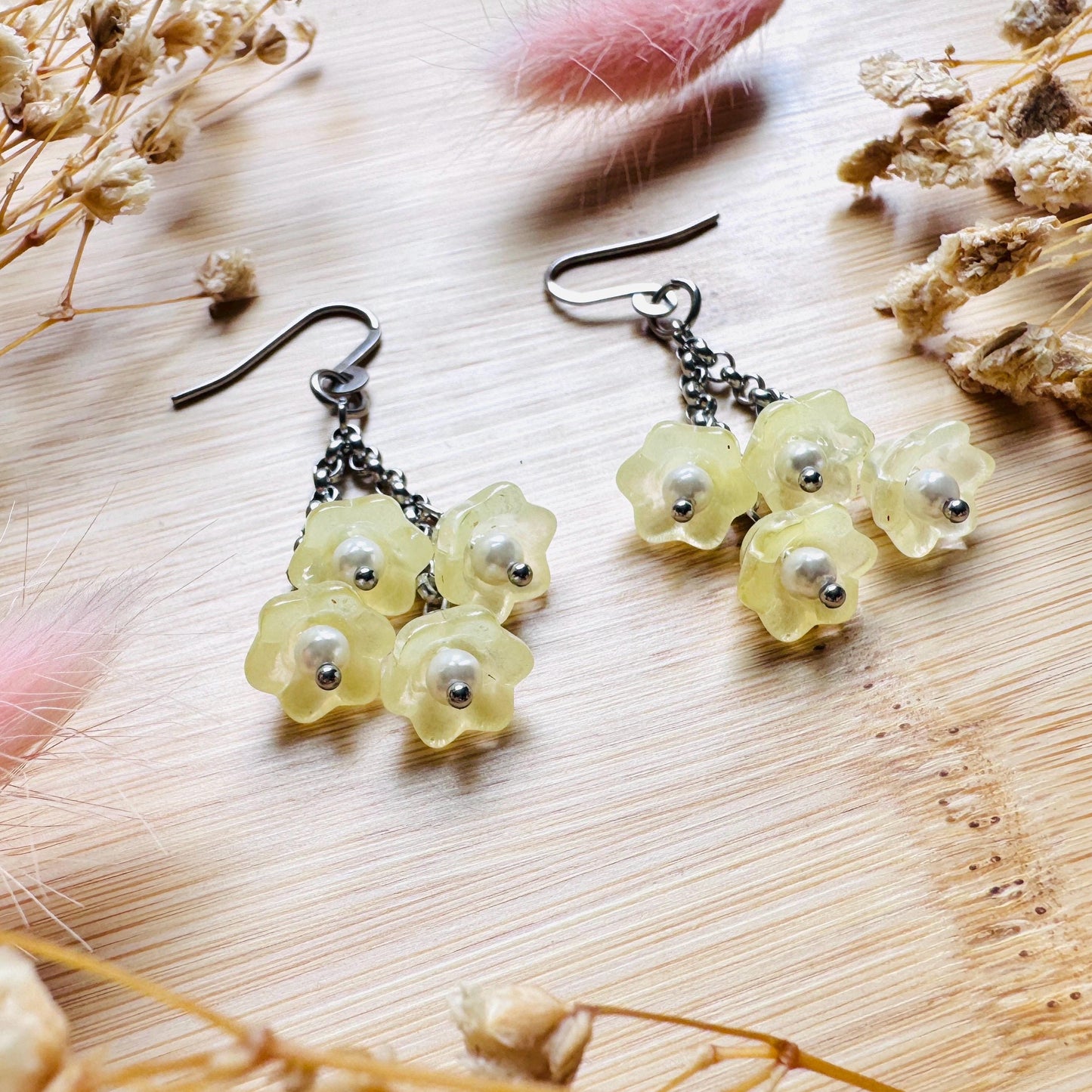 Glass Flower Earrings, Silver Earrings, Pearl Earrings Dangle, Goth Earrings, Bridesmaid Jewelry, Cottagecore Jewelry, Kawaii Gifts