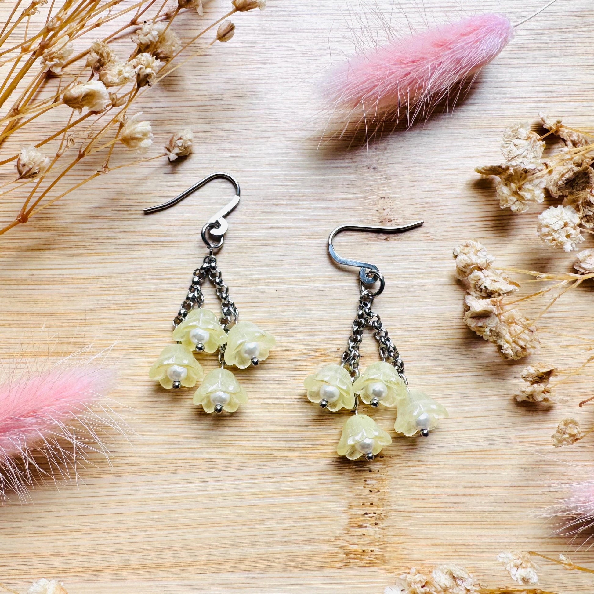 Glass Flower Earrings, Silver Earrings, Pearl Earrings Dangle, Goth Earrings, Bridesmaid Jewelry, Cottagecore Jewelry, Kawaii Gifts