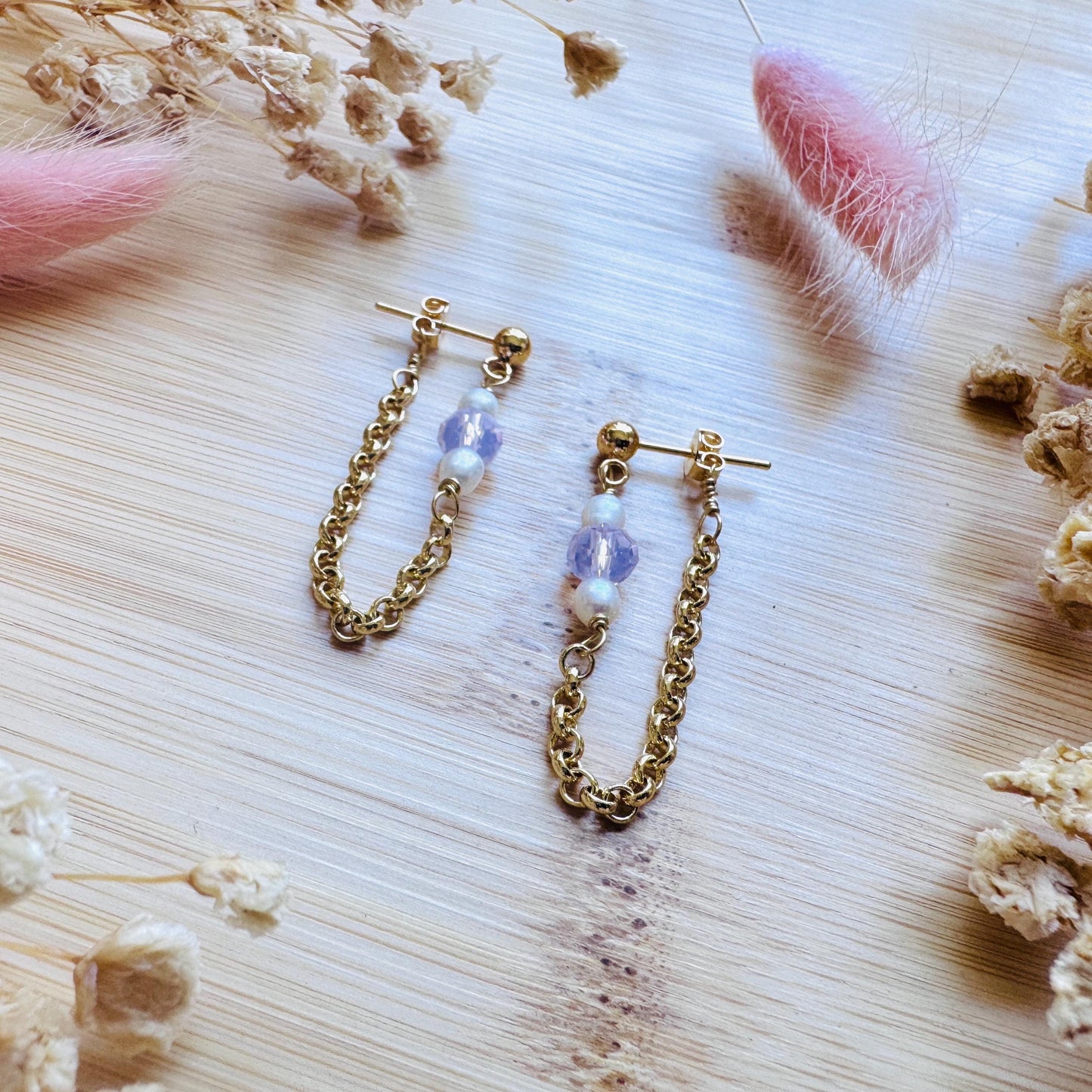 Freshwater Pearl Studs Small, Wedding Jewelry, Pearl Chain Earrings, Pink Crystal Earrings, Cute Earrings, Mothers Day Gift from Son
