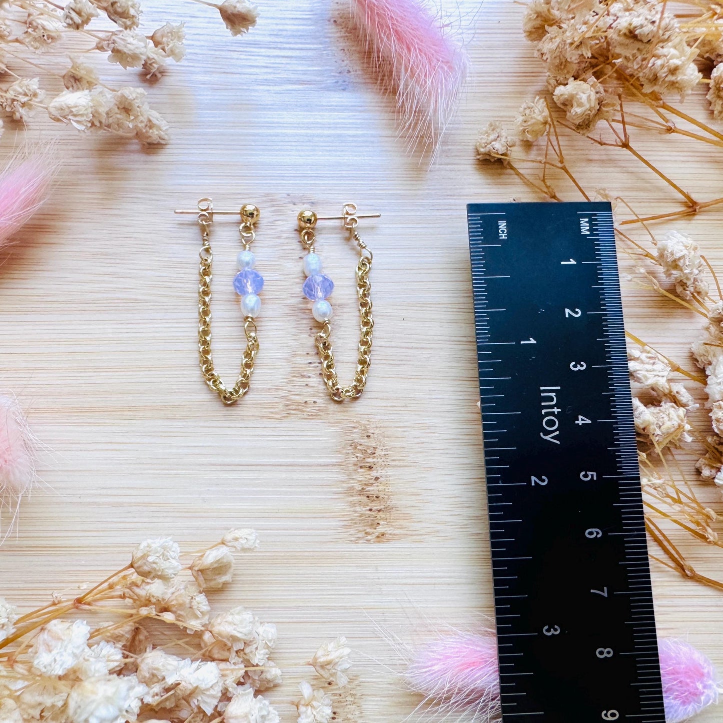 Freshwater Pearl Studs Small, Wedding Jewelry, Pearl Chain Earrings, Pink Crystal Earrings, Cute Earrings, Mothers Day Gift from Son