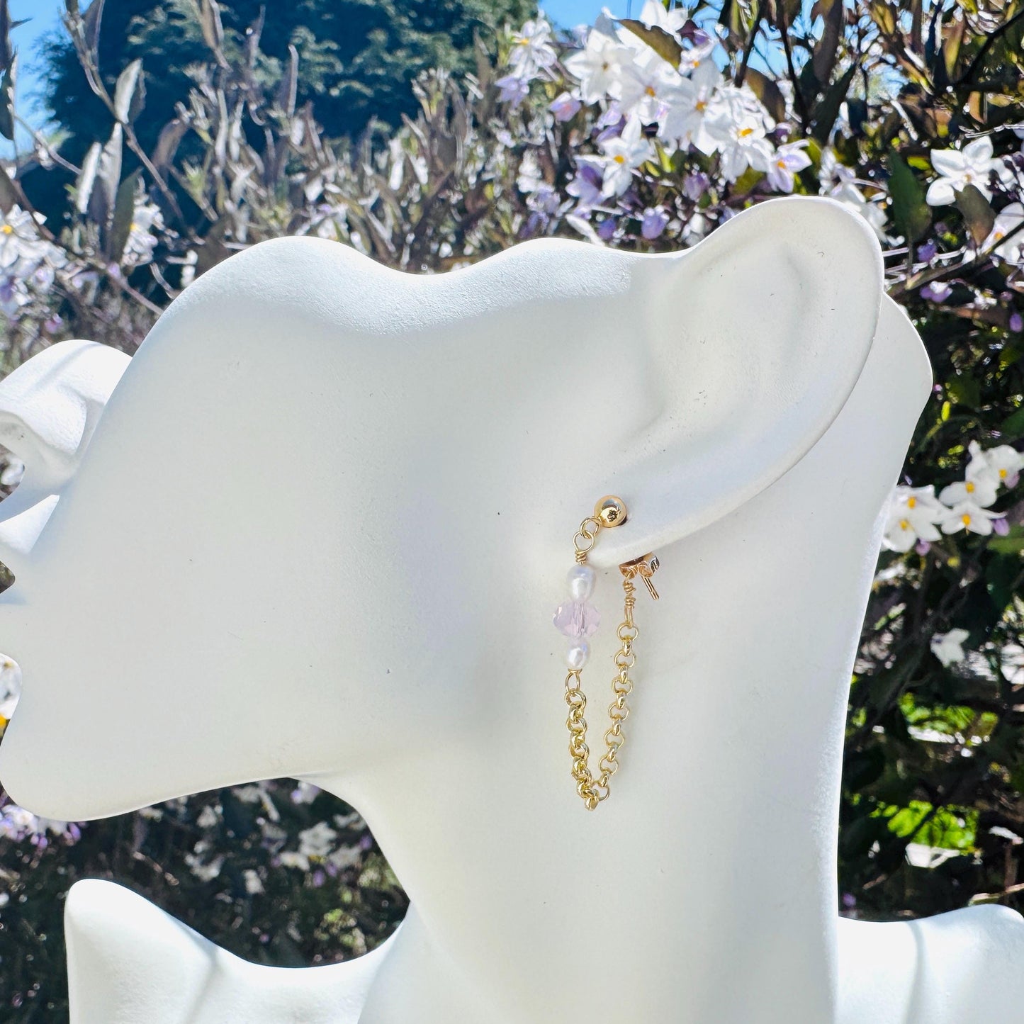 Freshwater Pearl Studs Small, Wedding Jewelry, Pearl Chain Earrings, Pink Crystal Earrings, Cute Earrings, Mothers Day Gift from Son