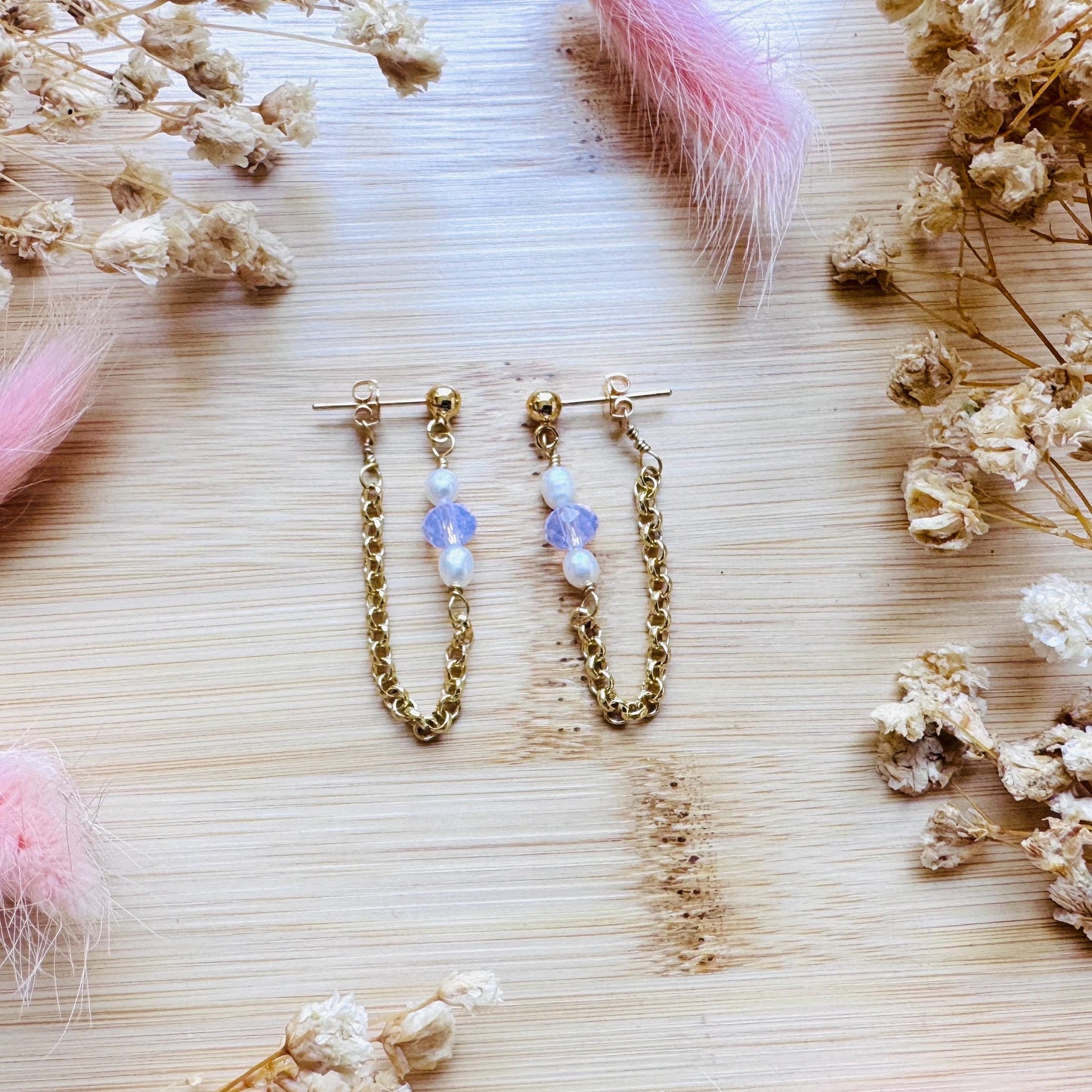 Freshwater Pearl Studs Small, Wedding Jewelry, Pearl Chain Earrings, Pink Crystal Earrings, Cute Earrings, Mothers Day Gift from Son