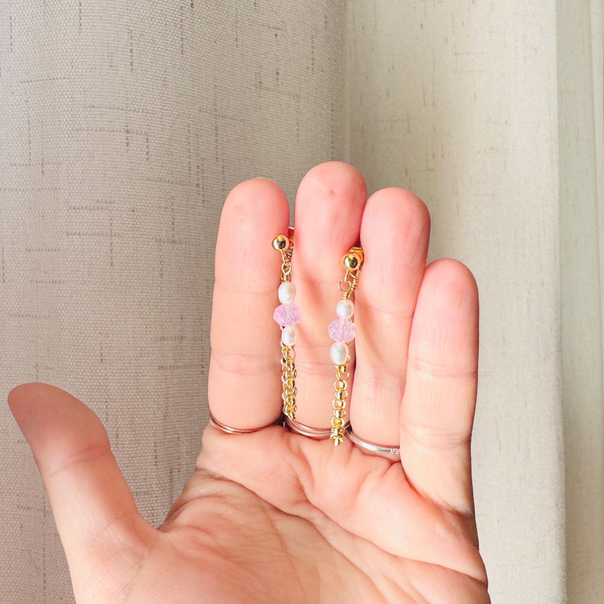 Freshwater Pearl Studs Small, Wedding Jewelry, Pearl Chain Earrings, Pink Crystal Earrings, Cute Earrings, Mothers Day Gift from Son