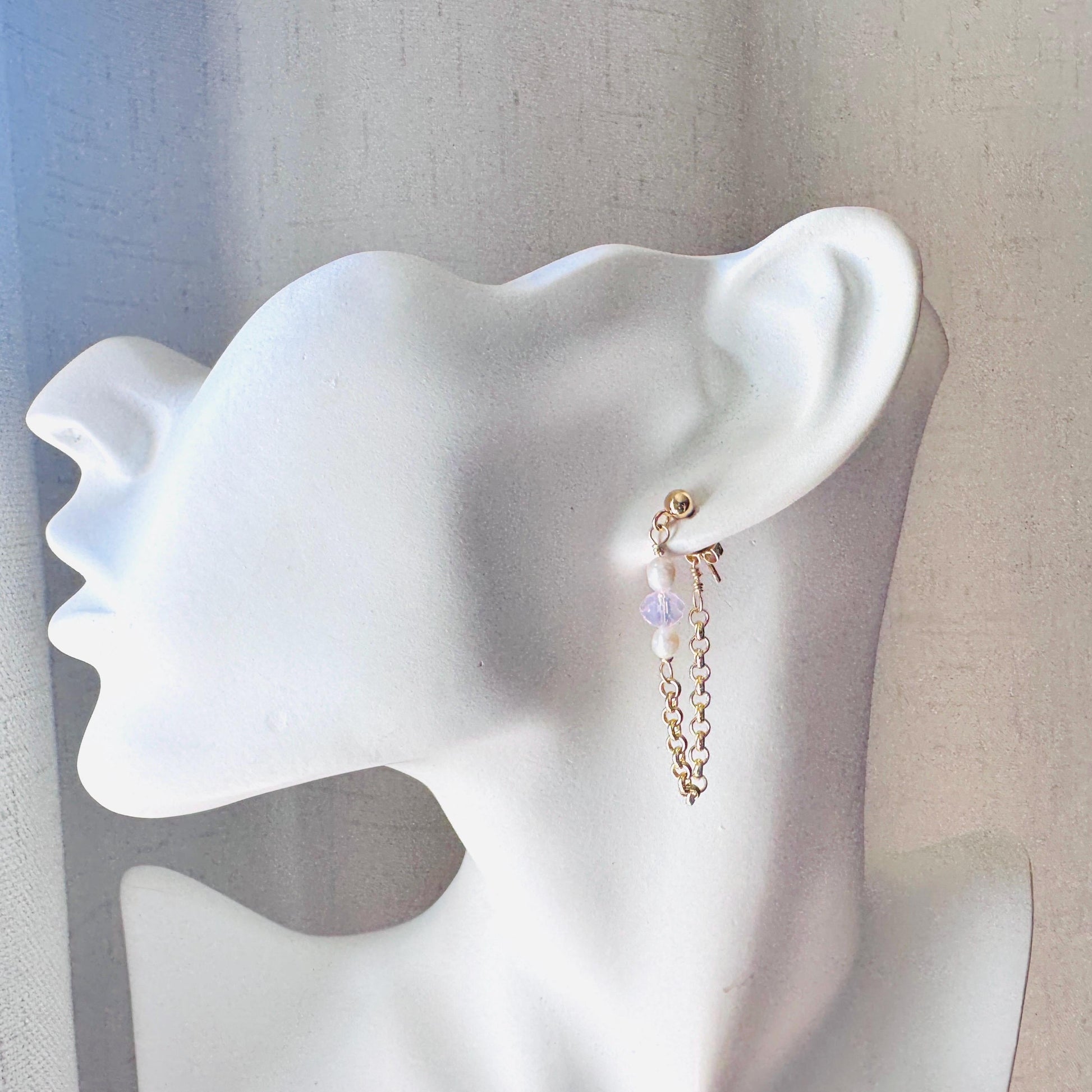 Freshwater Pearl Studs Small, Wedding Jewelry, Pearl Chain Earrings, Pink Crystal Earrings, Cute Earrings, Mothers Day Gift from Son