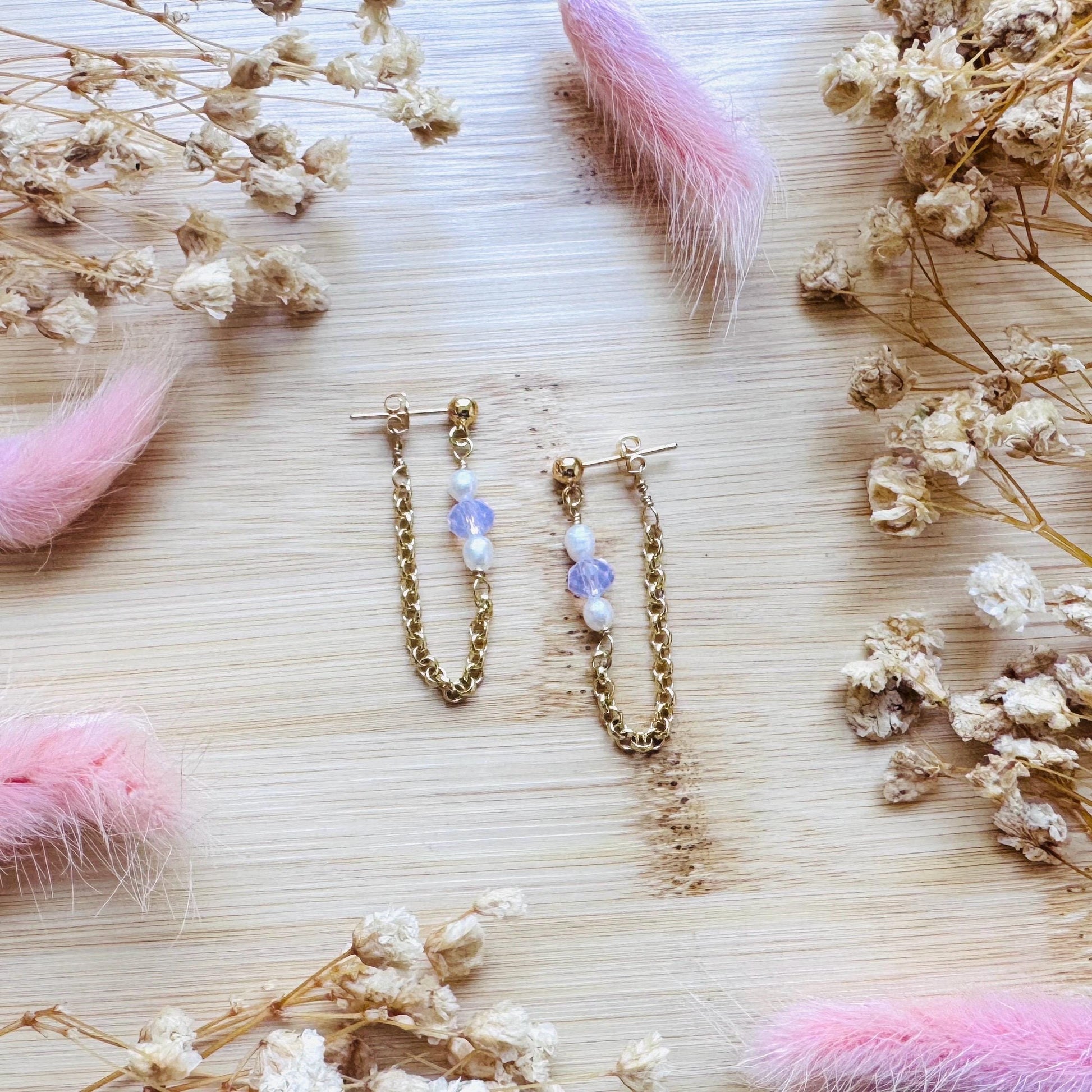 Freshwater Pearl Studs Small, Wedding Jewelry, Pearl Chain Earrings, Pink Crystal Earrings, Cute Earrings, Mothers Day Gift from Son