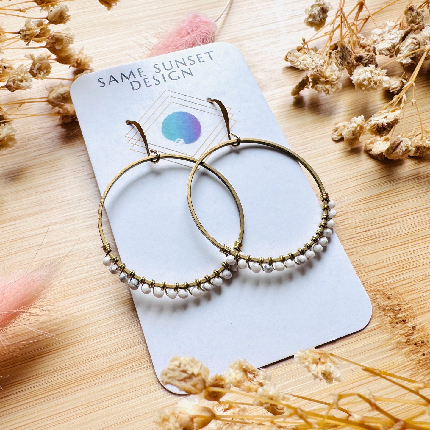 Howlite Earrings, Bead Hoops, Celestial Earrings Gold, Beachy Jewelry, Earrings for Bride, Wedding Jewelry, Mothers Day Gift Ideas