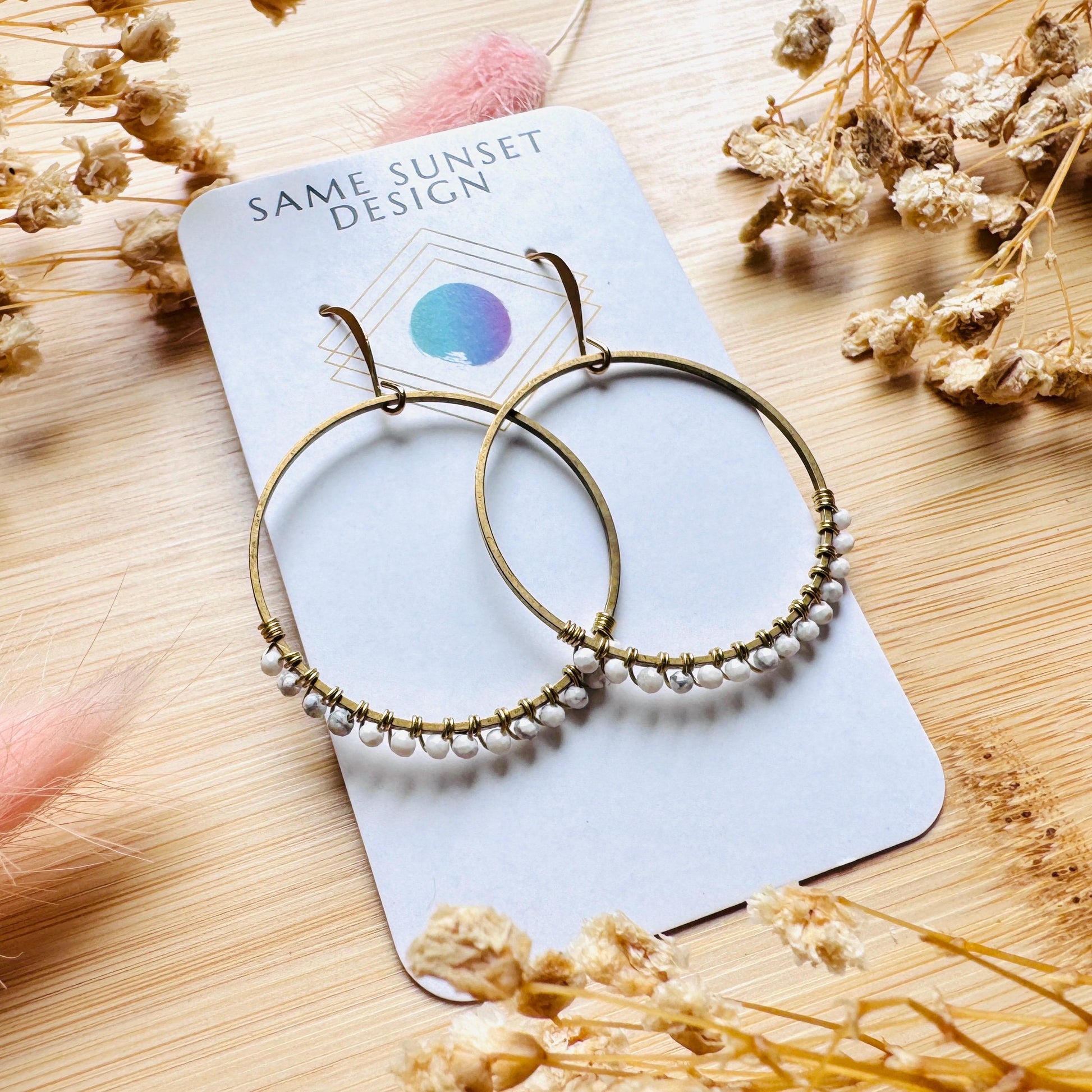Howlite Earrings, Bead Hoops, Celestial Earrings Gold, Beachy Jewelry, Earrings for Bride, Wedding Jewelry, Mothers Day Gift Ideas