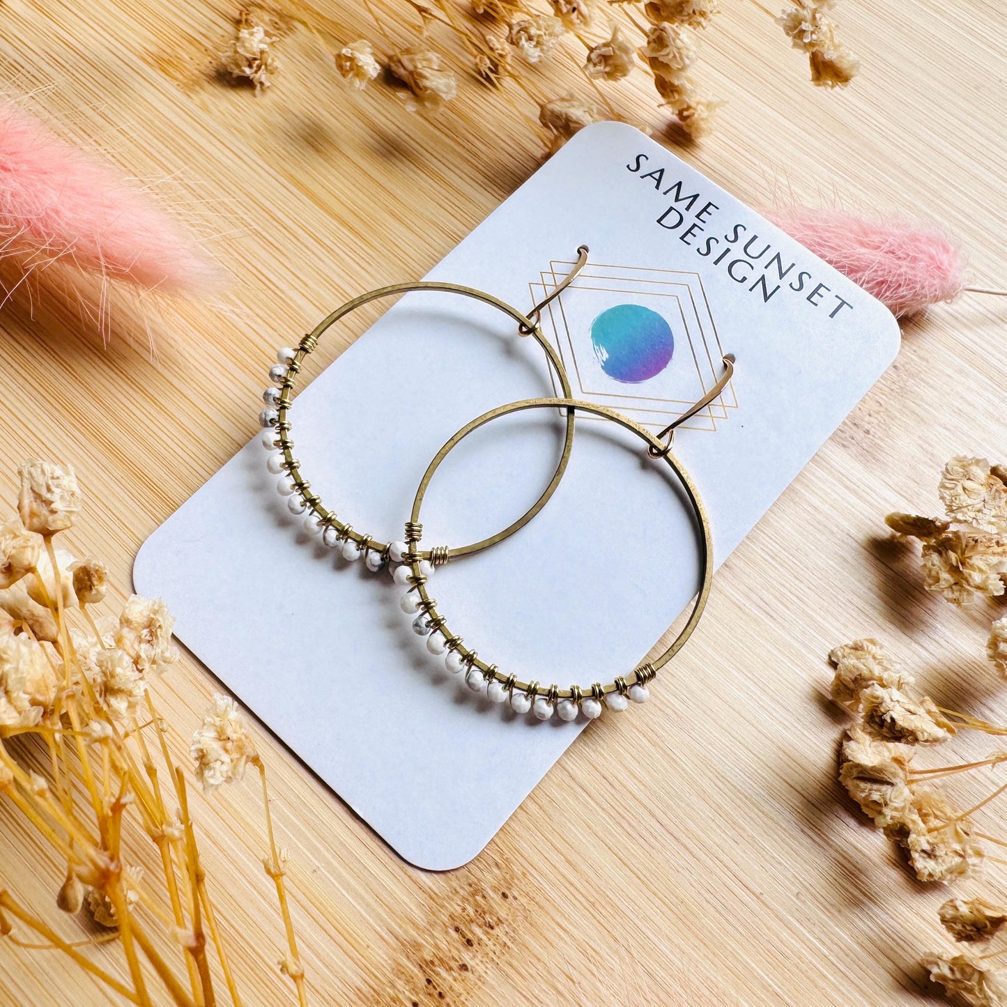 Howlite Earrings, Bead Hoops, Celestial Earrings Gold, Beachy Jewelry, Earrings for Bride, Wedding Jewelry, Mothers Day Gift Ideas