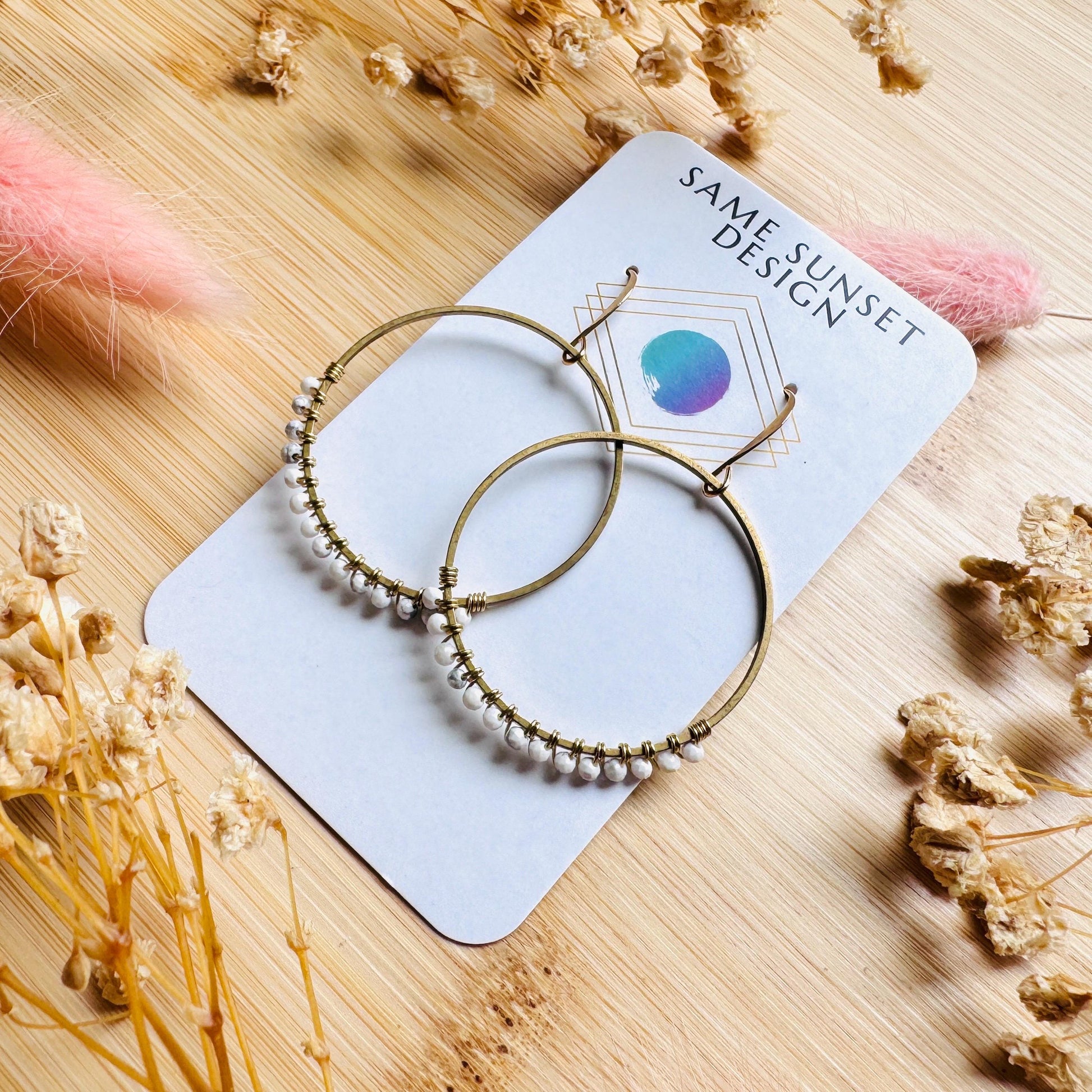 Howlite Earrings, Bead Hoops, Celestial Earrings Gold, Beachy Jewelry, Earrings for Bride, Wedding Jewelry, Mothers Day Gift Ideas