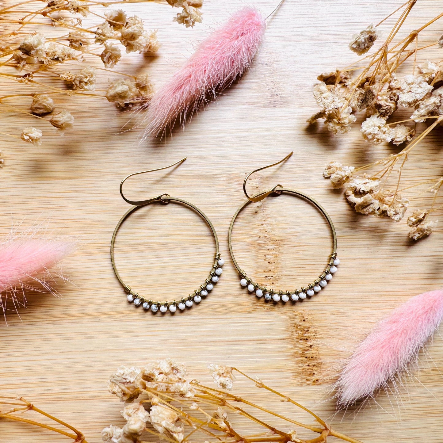 Howlite Earrings, Bead Hoops, Celestial Earrings Gold, Beachy Jewelry, Earrings for Bride, Wedding Jewelry, Mothers Day Gift Ideas