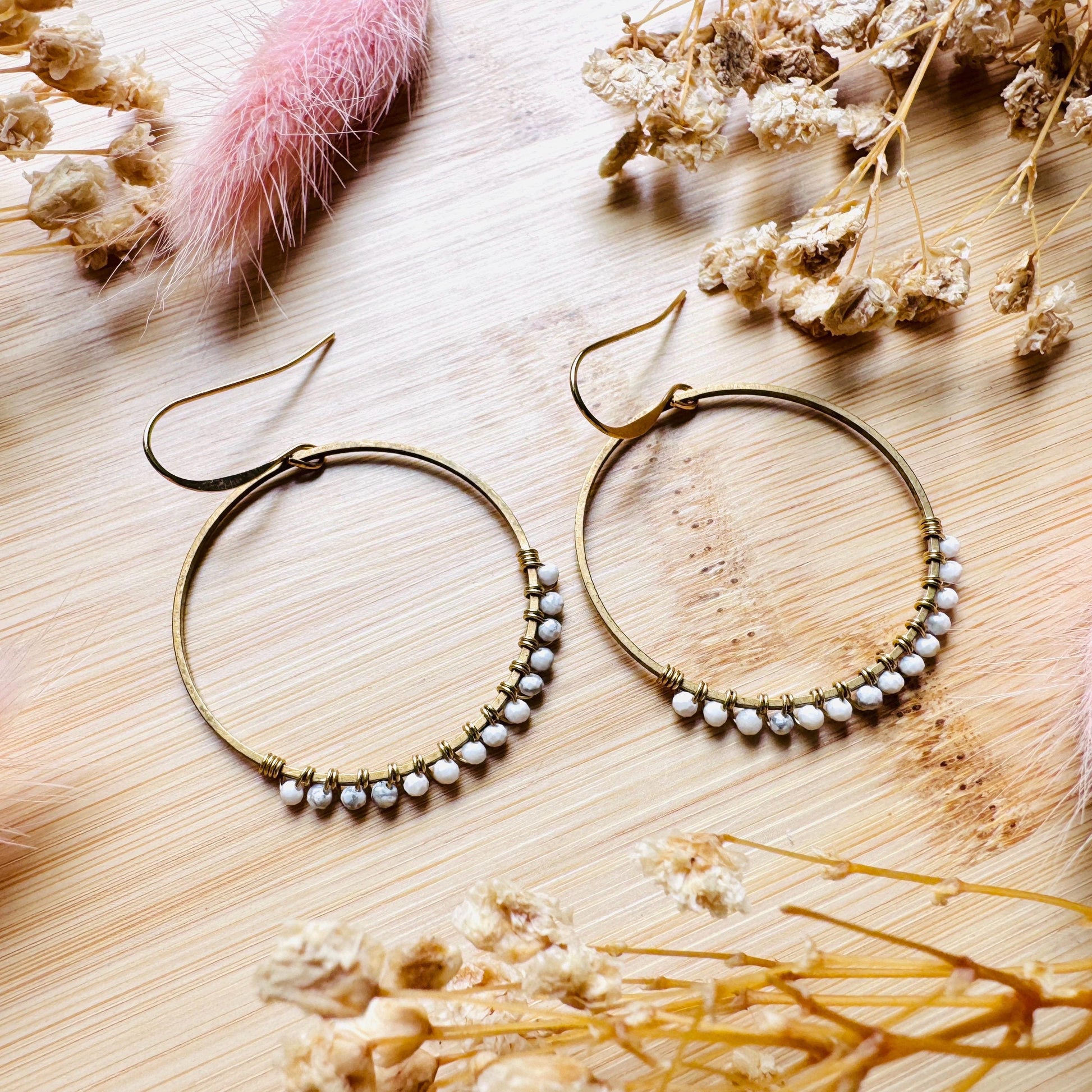 Howlite Earrings, Bead Hoops, Celestial Earrings Gold, Beachy Jewelry, Earrings for Bride, Wedding Jewelry, Mothers Day Gift Ideas