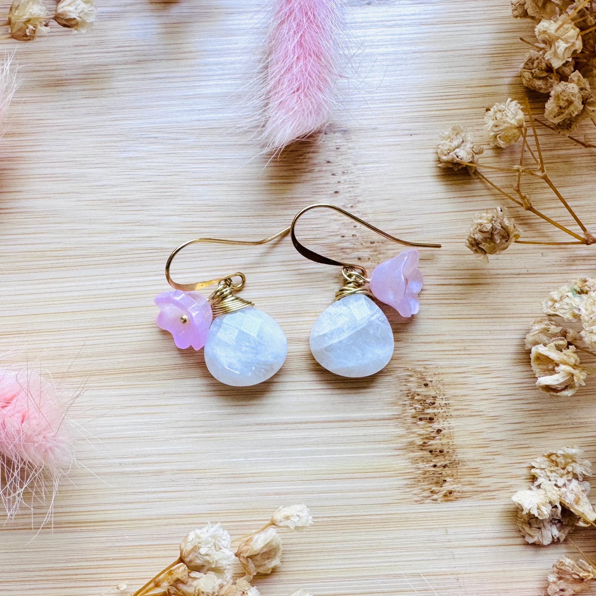 Rainbow Moonstone Drop Earrings, June Birthstone Gift for Her, Flower Earrings For Women, Cottagecore Jewelry, Mothers Day Gift From Son