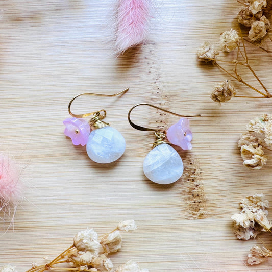 Rainbow Moonstone Drop Earrings, June Birthstone Gift for Her, Flower Earrings For Women, Cottagecore Jewelry, Mothers Day Gift From Son