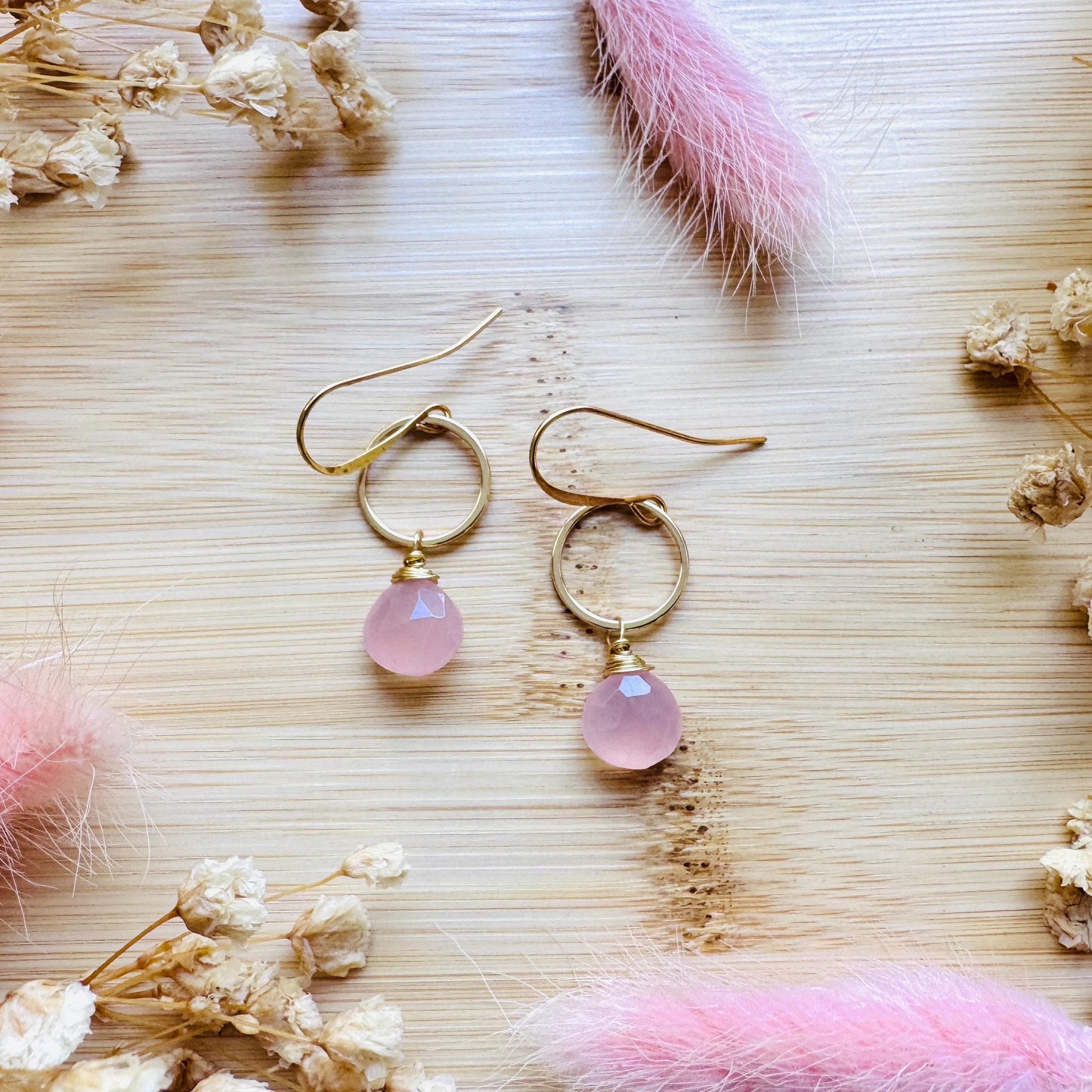 Pink Chalcedony Earrings, Beachy Jewelry, Boho Jewelry for Bride, Minimalistic Bridesmaid Gift For Her, Coquette Gifts for Girls, Gold Hoops