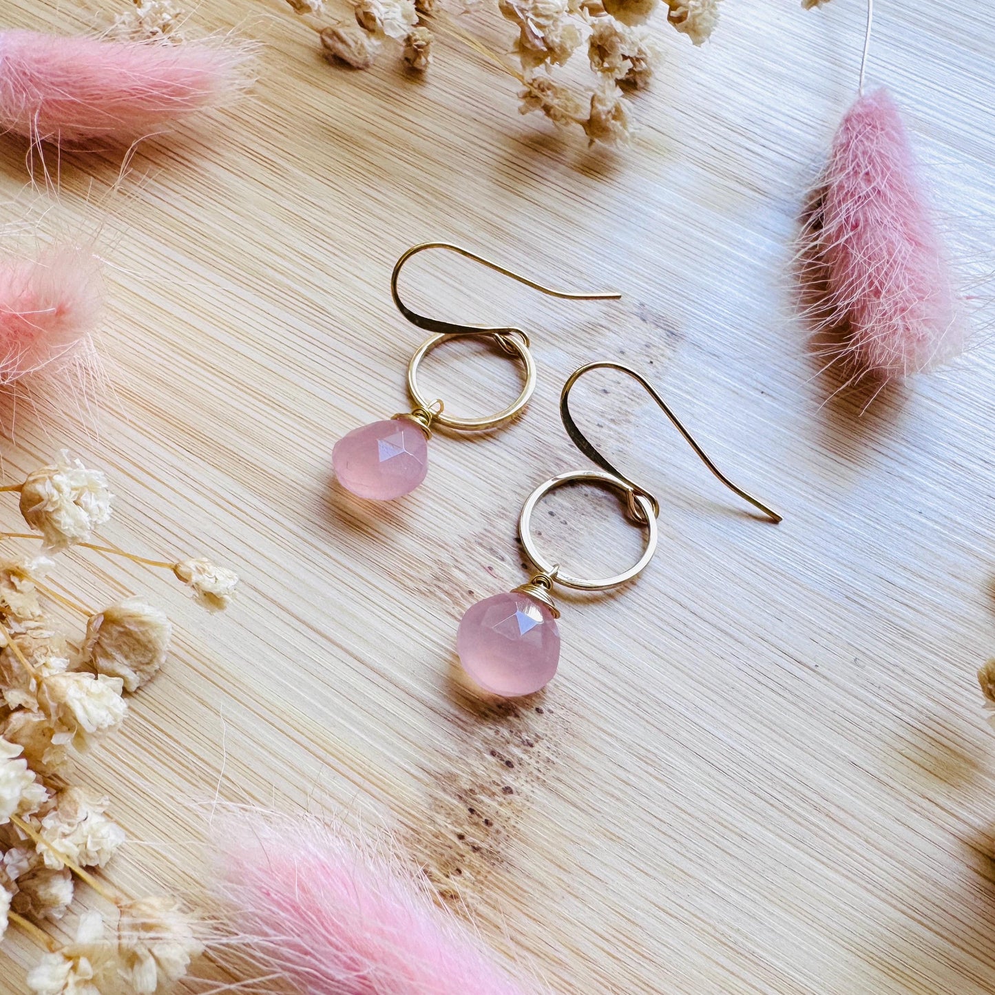 Pink Chalcedony Earrings, Beachy Jewelry, Boho Jewelry for Bride, Minimalistic Bridesmaid Gift For Her, Coquette Gifts for Girls, Gold Hoops