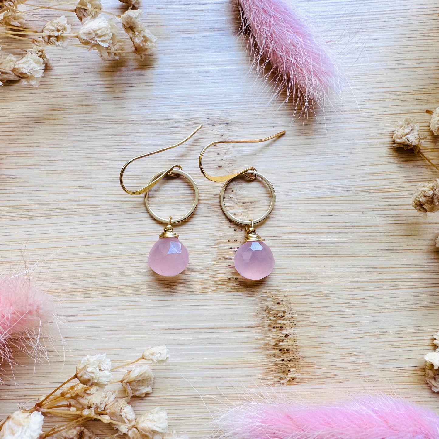 Pink Chalcedony Earrings, Beachy Jewelry, Boho Jewelry for Bride, Minimalistic Bridesmaid Gift For Her, Coquette Gifts for Girls, Gold Hoops