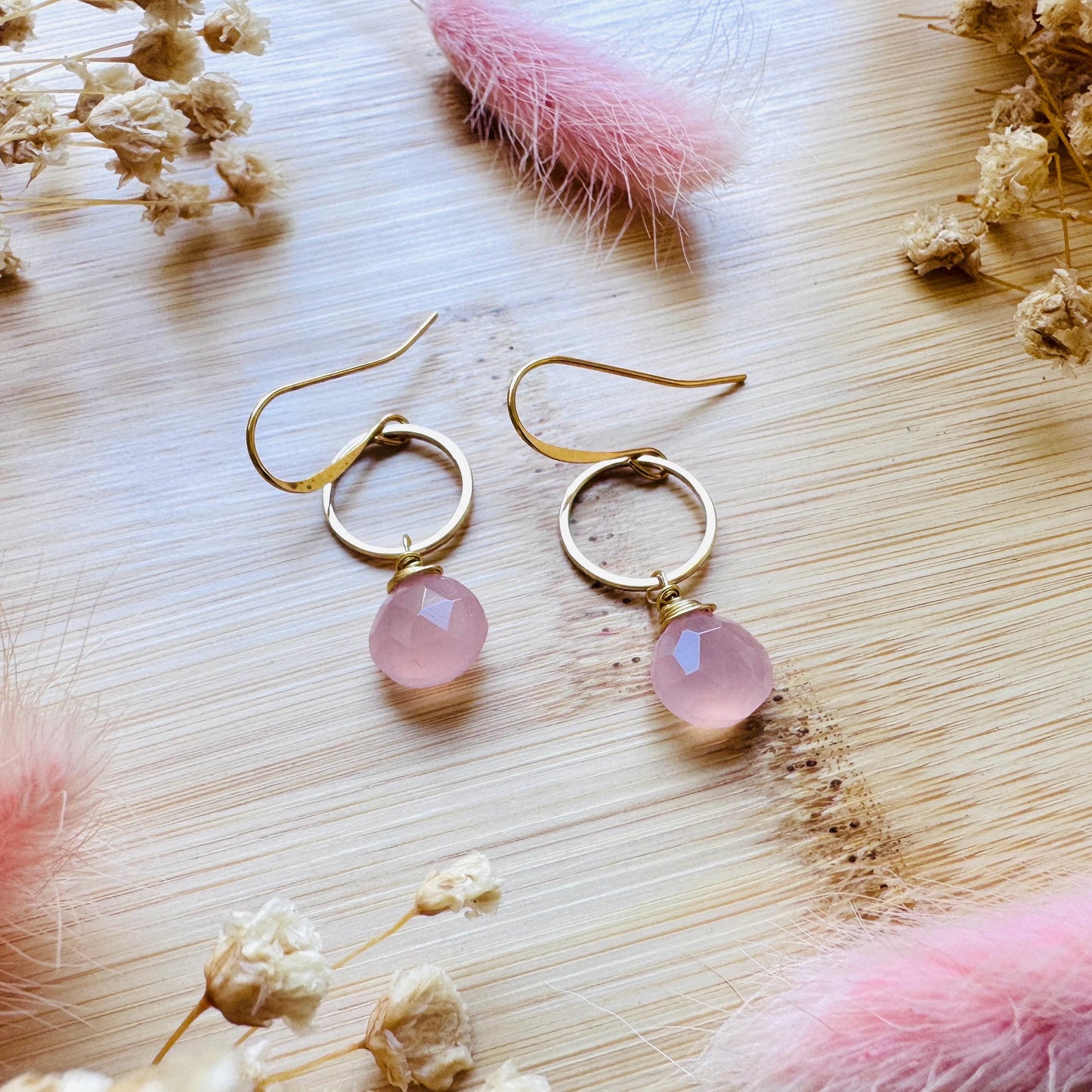 Pink Chalcedony Earrings, Beachy Jewelry, Boho Jewelry for Bride, Minimalistic Bridesmaid Gift For Her, Coquette Gifts for Girls, Gold Hoops