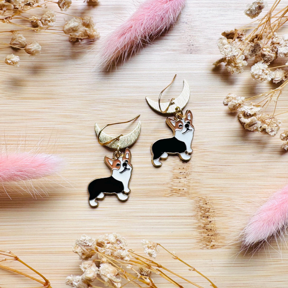 Dog Earrings Dangle, Corgi Earrings, Brass Moon Earrings, Cute Earrings, Trendy Jewelry 2026, Mothers Day Gift From Son, Dog Lover Gifts