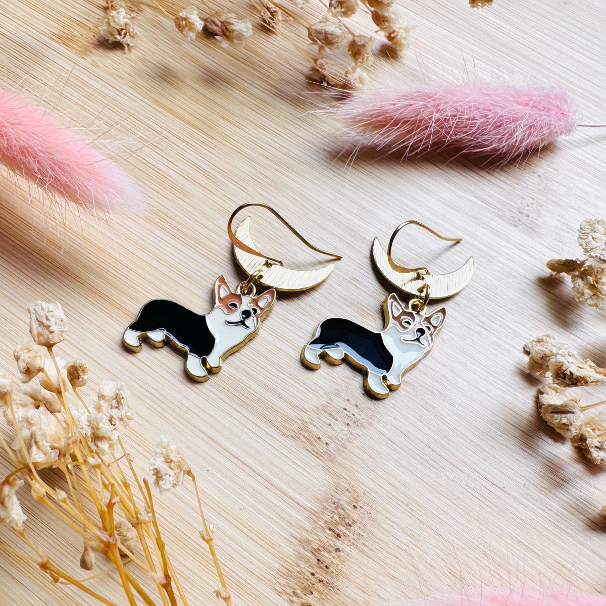 Dog Earrings Dangle, Corgi Earrings, Brass Moon Earrings, Cute Earrings, Trendy Jewelry 2026, Mothers Day Gift From Son, Dog Lover Gifts
