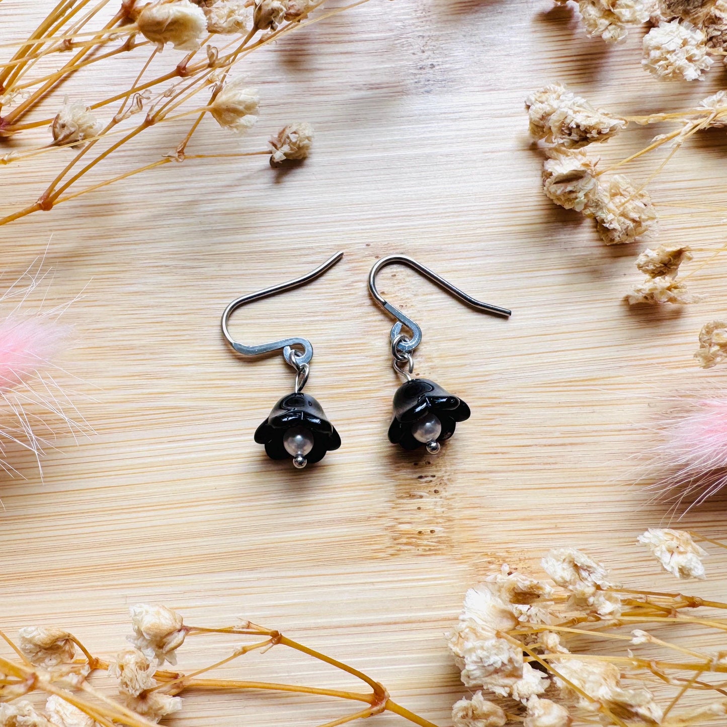 Glass Flower Earrings, Silver Earrings, Pearl Earrings Dangle, Goth Earrings, Bridesmaid Jewelry, Cottagecore Jewelry, Mothers Day Gift