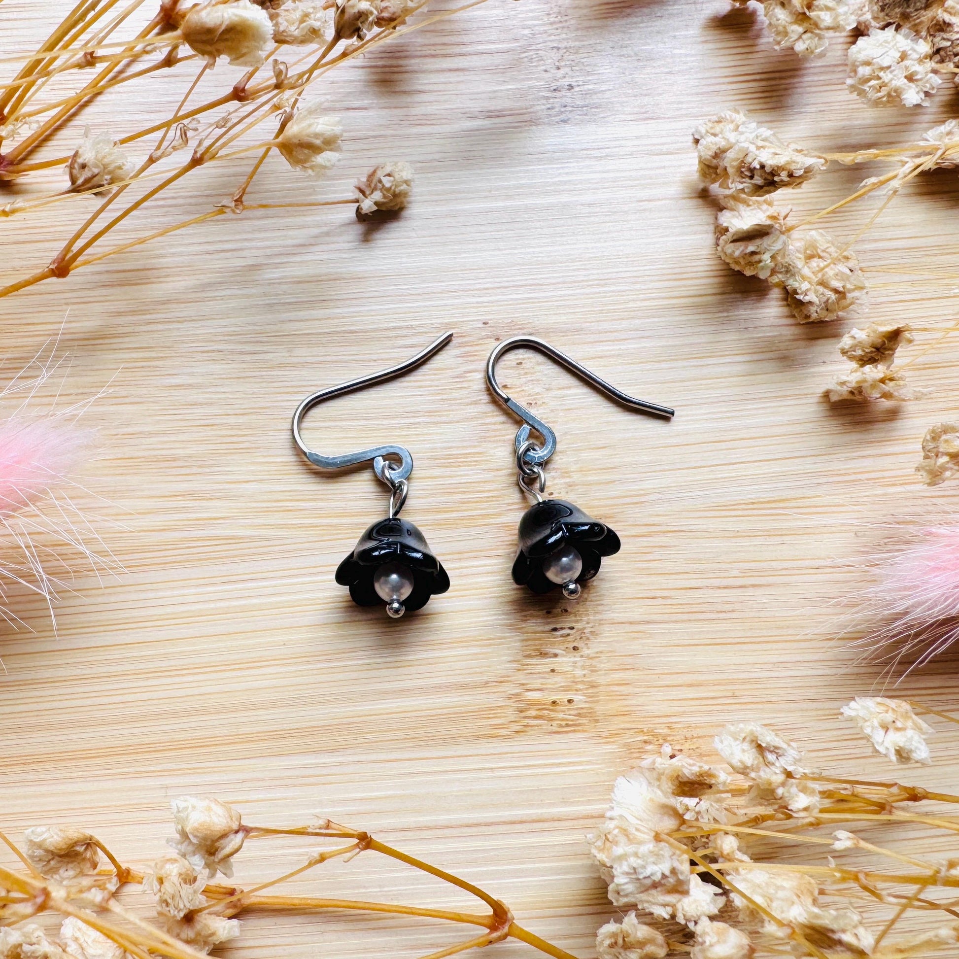 Glass Flower Earrings, Silver Earrings, Pearl Earrings Dangle, Goth Earrings, Bridesmaid Jewelry, Cottagecore Jewelry, Mothers Day Gift