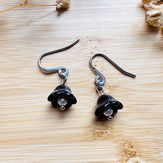 Glass Flower Earrings, Silver Earrings, Pearl Earrings Dangle, Goth Earrings, Bridesmaid Jewelry, Cottagecore Jewelry, Mothers Day Gift