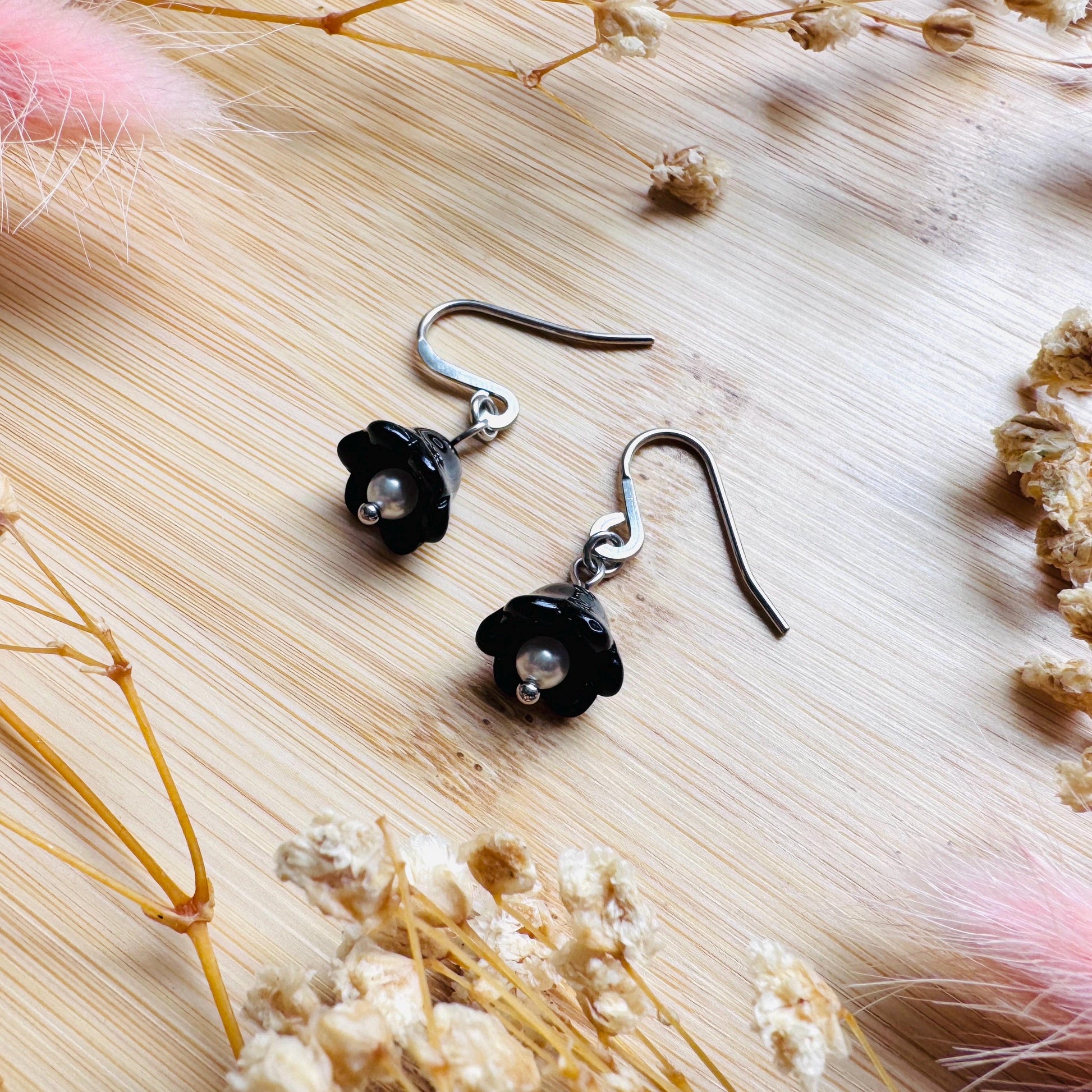 Glass Flower Earrings, Silver Earrings, Pearl Earrings Dangle, Goth Earrings, Bridesmaid Jewelry, Cottagecore Jewelry, Mothers Day Gift