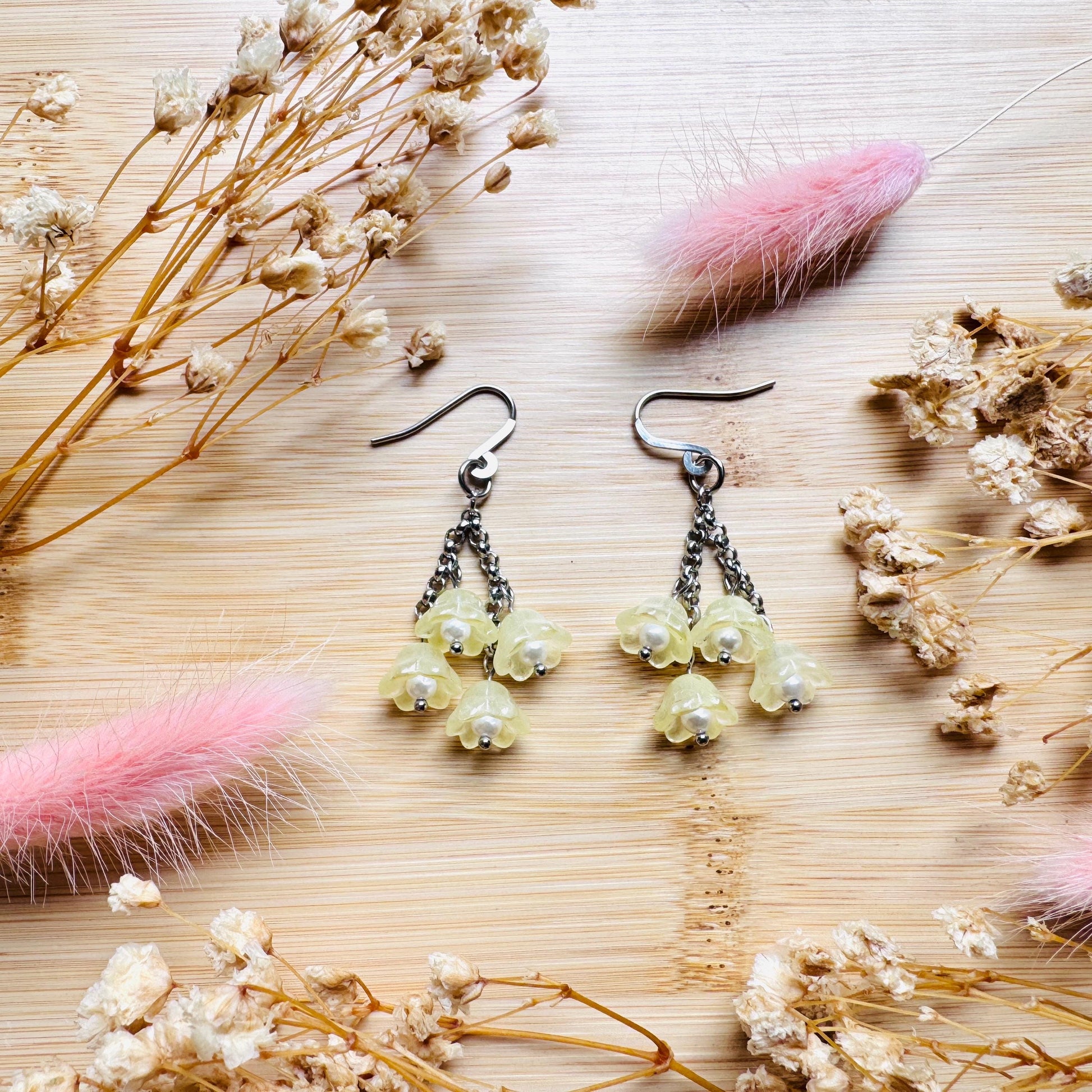 Glass Flower Earrings, Silver Earrings, Pearl Earrings Dangle, Goth Earrings, Bridesmaid Jewelry, Cottagecore Jewelry, Kawaii Gifts