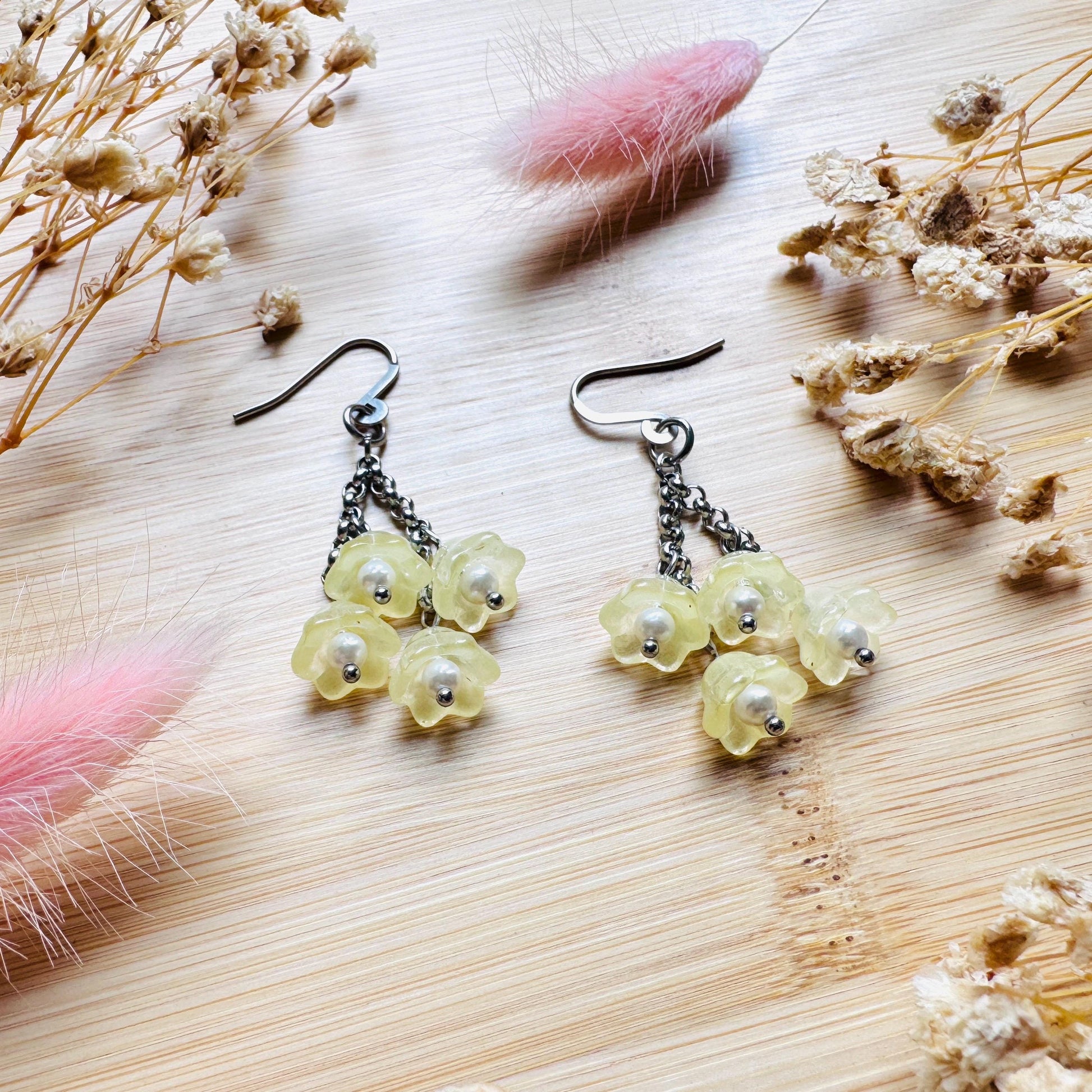 Glass Flower Earrings, Silver Earrings, Pearl Earrings Dangle, Goth Earrings, Bridesmaid Jewelry, Cottagecore Jewelry, Kawaii Gifts