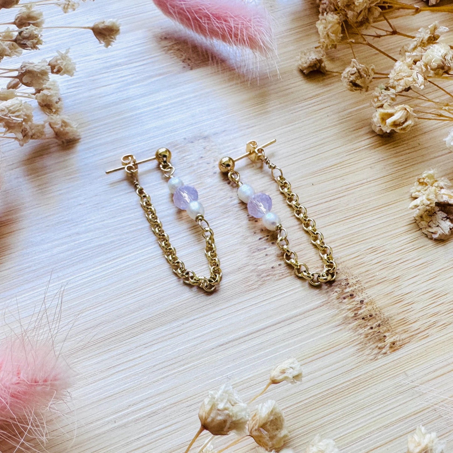 Freshwater Pearl Studs Small, Wedding Jewelry, Pearl Chain Earrings, Pink Crystal Earrings, Cute Earrings, Mothers Day Gift from Son