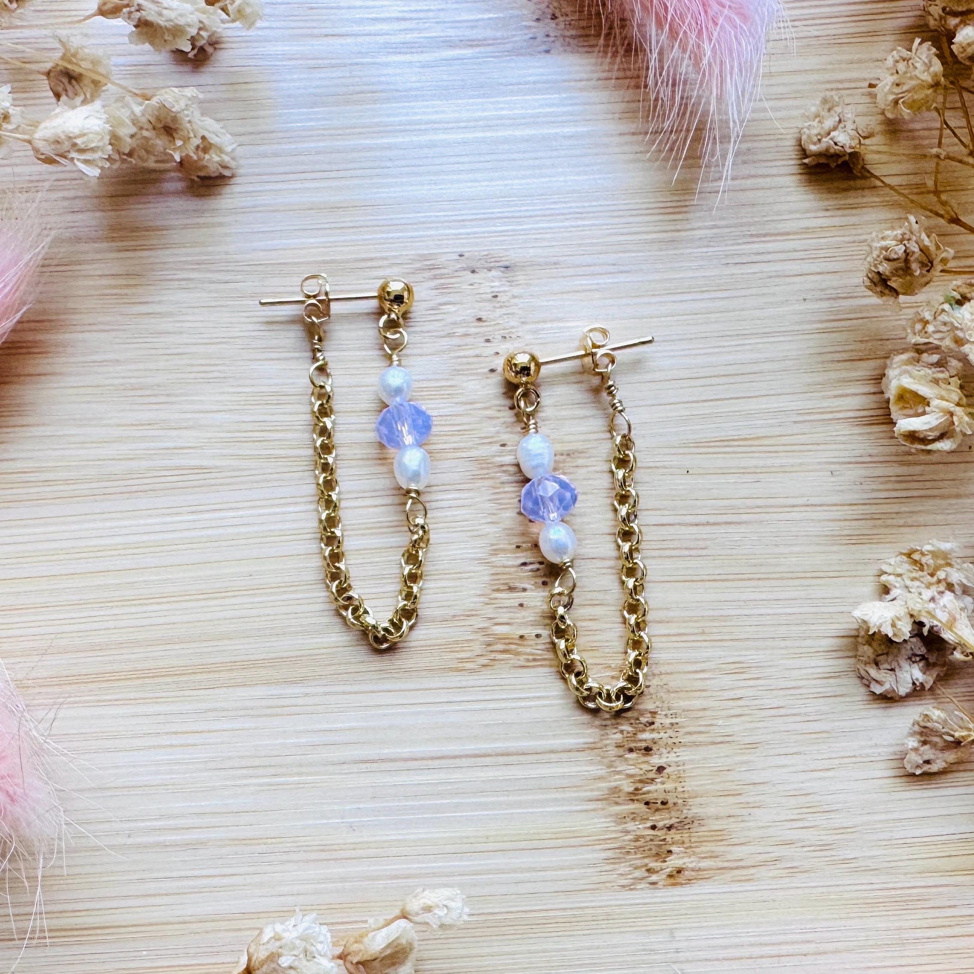 Freshwater Pearl Studs Small, Wedding Jewelry, Pearl Chain Earrings, Pink Crystal Earrings, Cute Earrings, Mothers Day Gift from Son