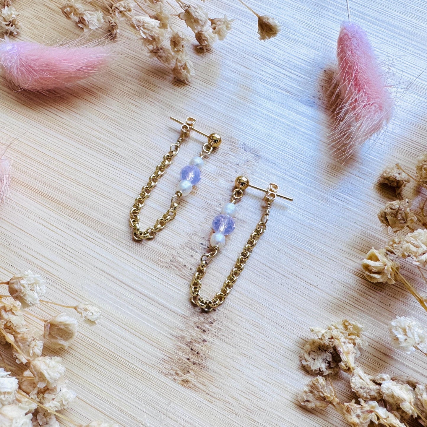 Freshwater Pearl Studs Small, Wedding Jewelry, Pearl Chain Earrings, Pink Crystal Earrings, Cute Earrings, Mothers Day Gift from Son