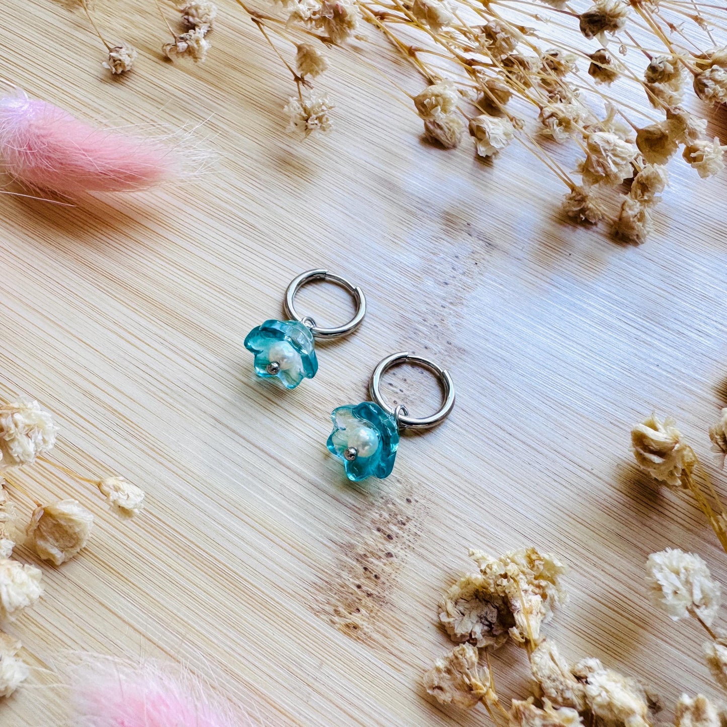 Glass Flower Earrings, Freshwater Pearl Earrings, Huggie Hoop Jewelry, Dainty Earrings, Earrings For Bride, Mothers Day Gift From Husband