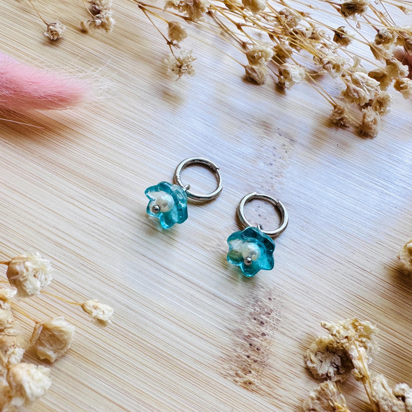 Glass Flower Earrings, Freshwater Pearl Earrings, Huggie Hoop Jewelry, Dainty Earrings, Earrings For Bride, Mothers Day Gift From Husband