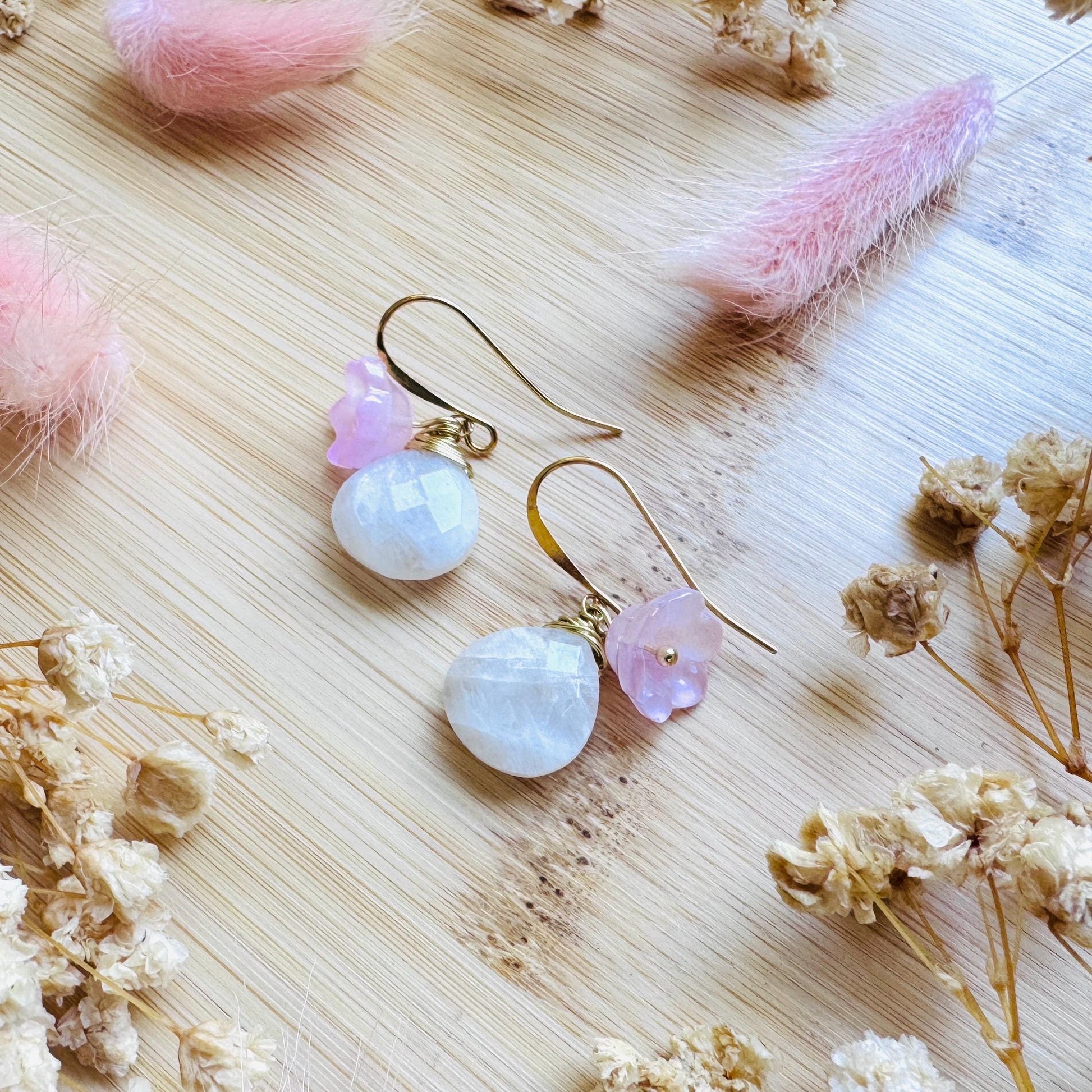Rainbow Moonstone Drop Earrings, June Birthstone Gift for Her, Flower Earrings For Women, Cottagecore Jewelry, Mothers Day Gift From Son