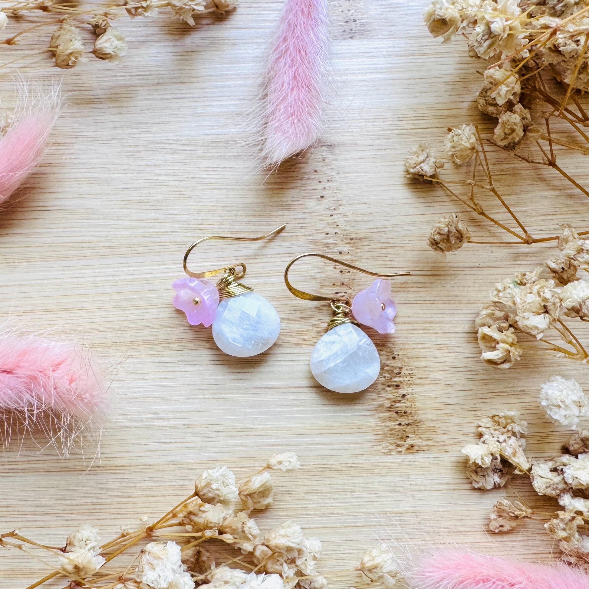 Rainbow Moonstone Drop Earrings, June Birthstone Gift for Her, Flower Earrings For Women, Cottagecore Jewelry, Mothers Day Gift From Son
