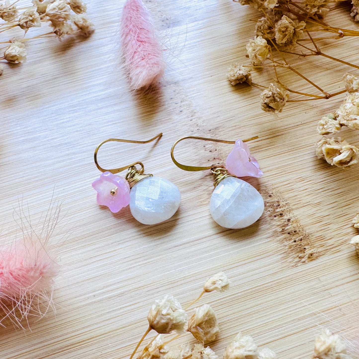 Rainbow Moonstone Drop Earrings, June Birthstone Gift for Her, Flower Earrings For Women, Cottagecore Jewelry, Mothers Day Gift From Son
