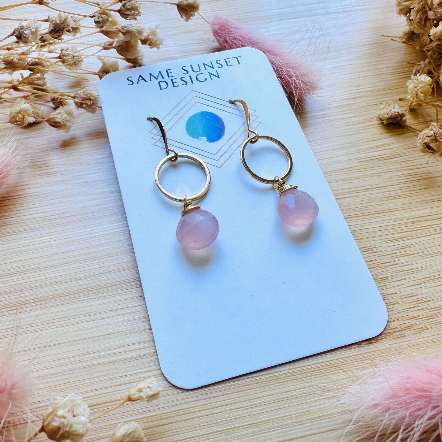 Pink Chalcedony Earrings, Beachy Jewelry, Boho Jewelry for Bride, Minimalistic Bridesmaid Gift For Her, Coquette Gifts for Girls, Gold Hoops