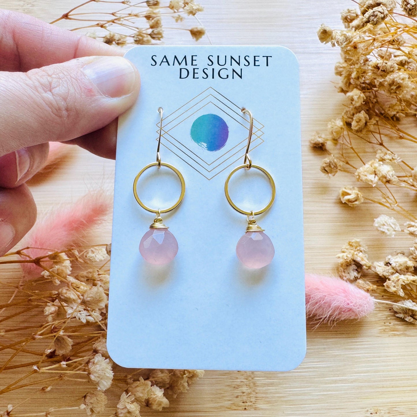 Pink Chalcedony Earrings, Beachy Jewelry, Boho Jewelry for Bride, Minimalistic Bridesmaid Gift For Her, Coquette Gifts for Girls, Gold Hoops