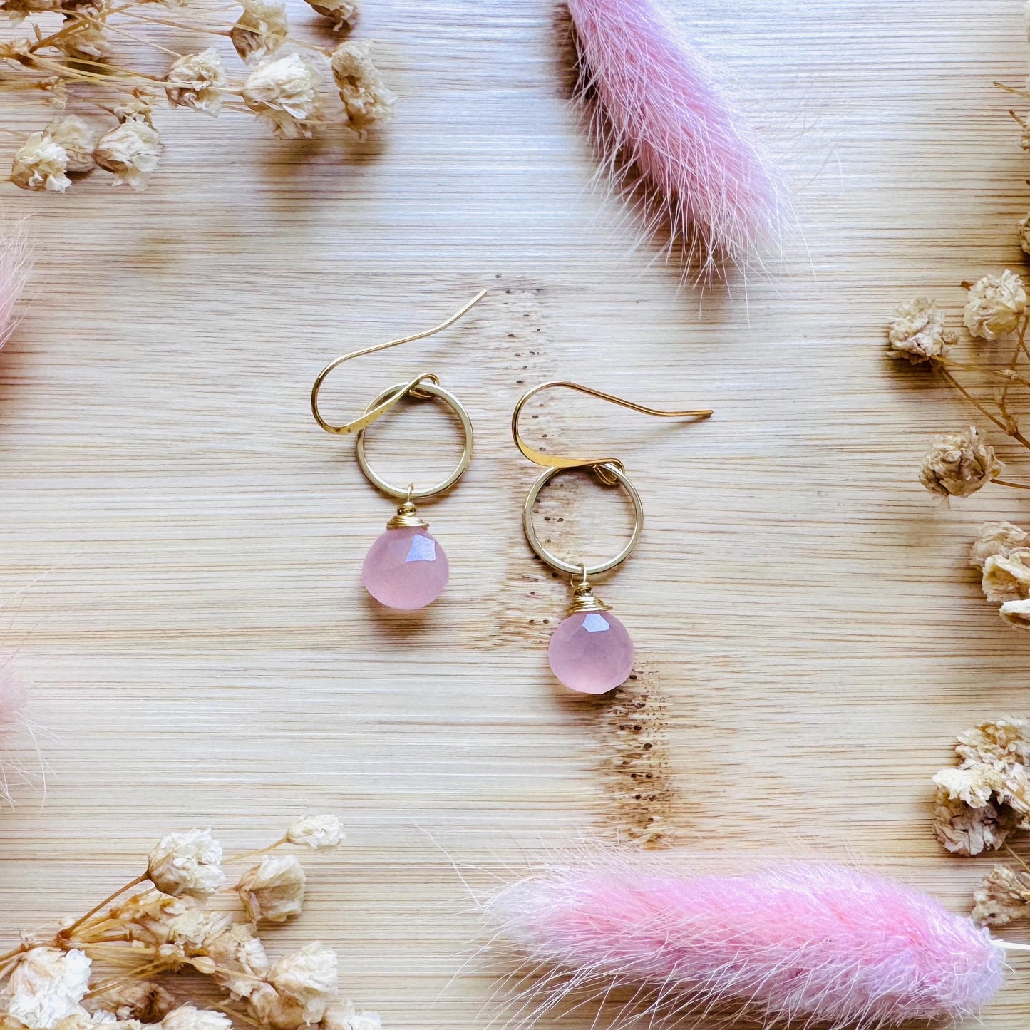 Pink Chalcedony Earrings, Beachy Jewelry, Boho Jewelry for Bride, Minimalistic Bridesmaid Gift For Her, Coquette Gifts for Girls, Gold Hoops