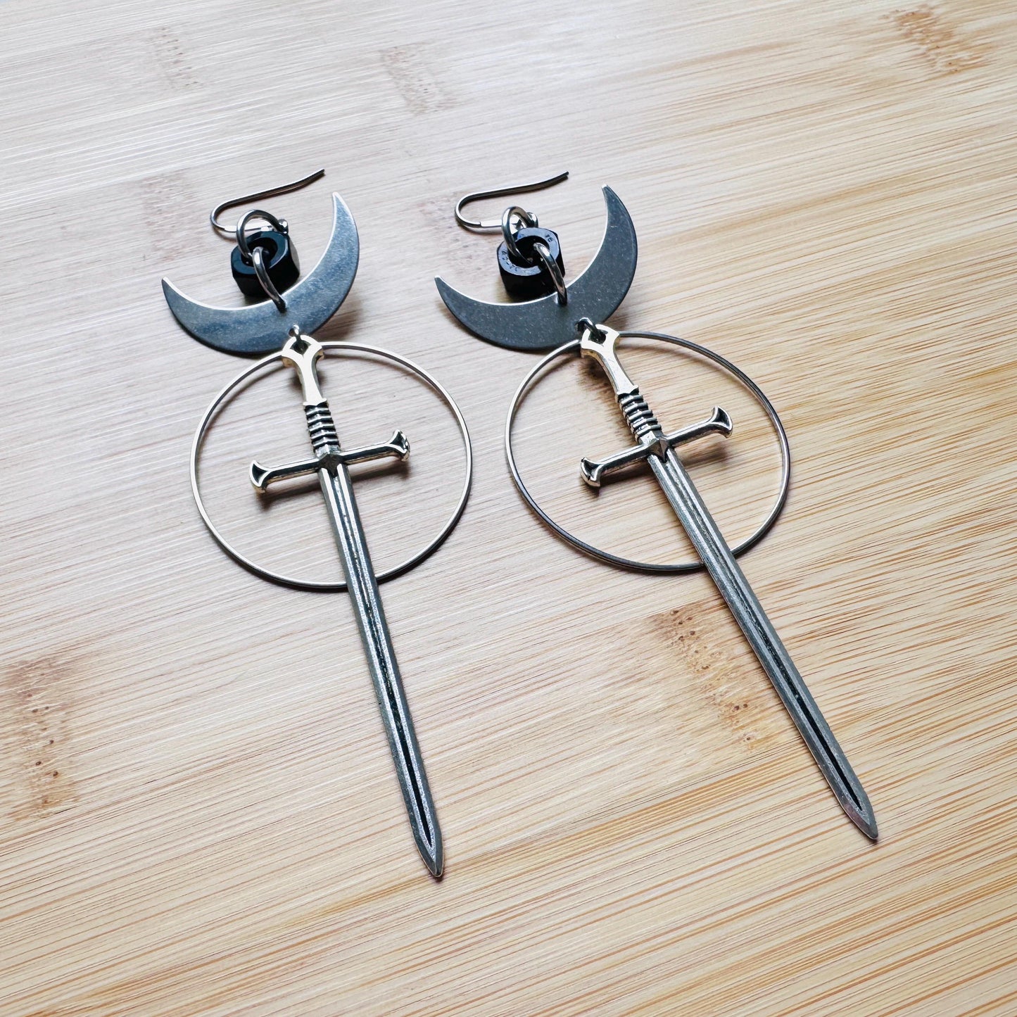 Sword Earrings, Goth Earrings, Moon Earrings Dangle, Punk Earrings, Silver Hoop Earrings, Whimsigoth Earrings, Industrial Earrings