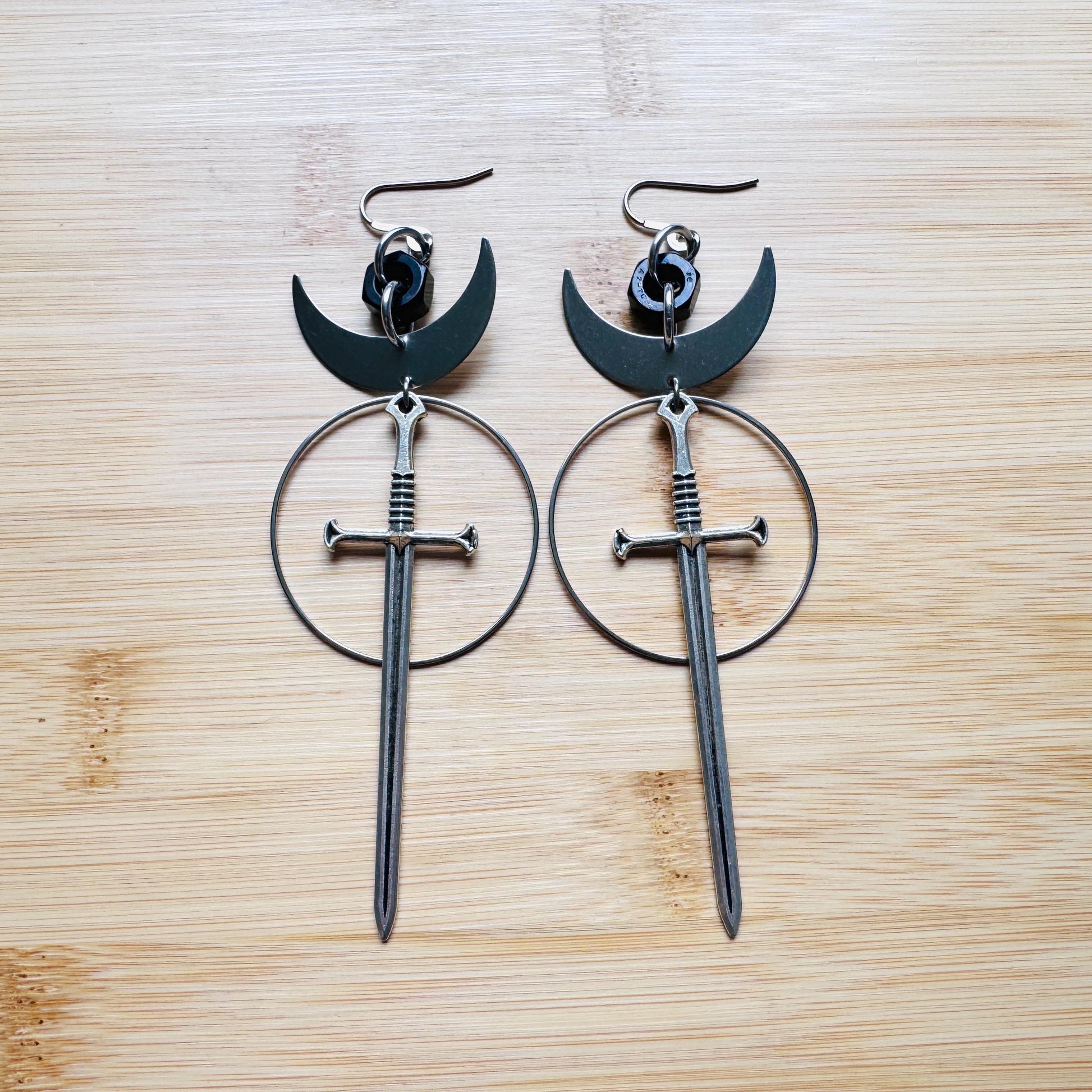 Sword Earrings, Goth Earrings, Moon Earrings Dangle, Punk Earrings, Silver Hoop Earrings, Whimsigoth Earrings, Industrial Earrings