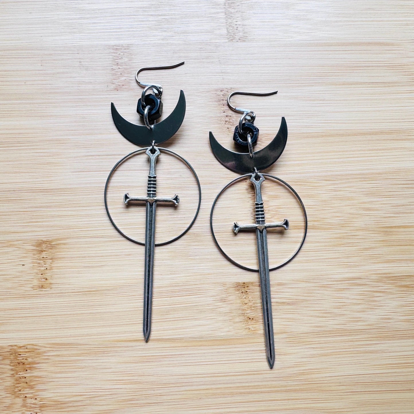 Sword Earrings, Goth Earrings, Moon Earrings Dangle, Punk Earrings, Silver Hoop Earrings, Whimsigoth Earrings, Industrial Earrings