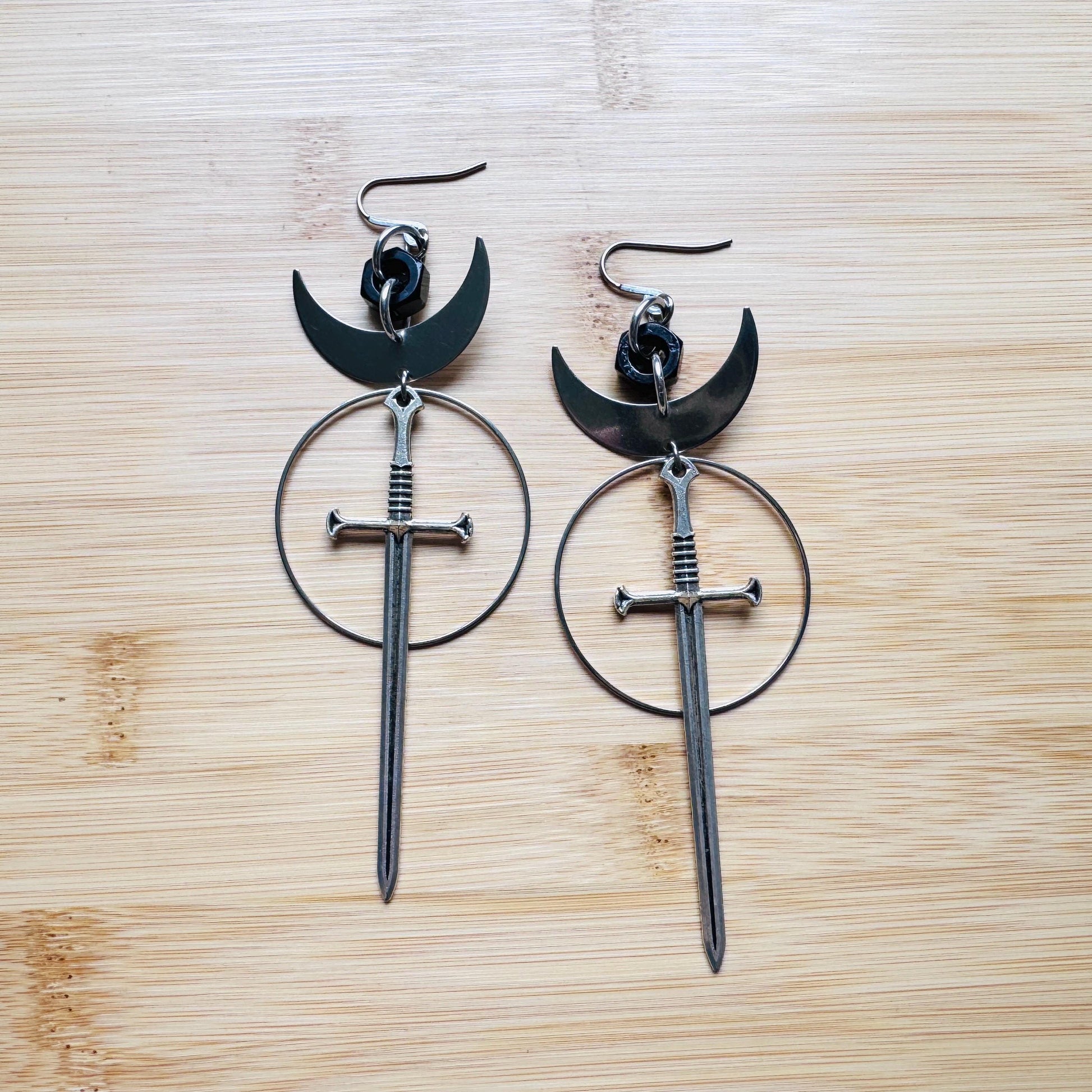 Sword Earrings, Goth Earrings, Moon Earrings Dangle, Punk Earrings, Silver Hoop Earrings, Whimsigoth Earrings, Industrial Earrings