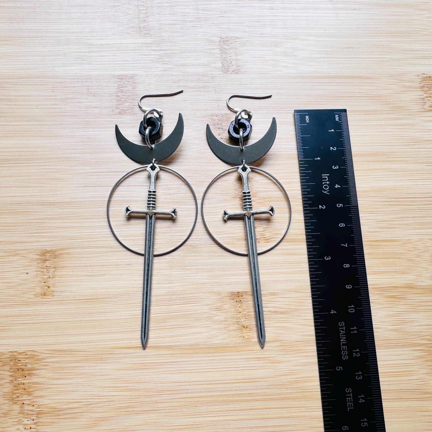 Sword Earrings, Goth Earrings, Moon Earrings Dangle, Punk Earrings, Silver Hoop Earrings, Whimsigoth Earrings, Industrial Earrings