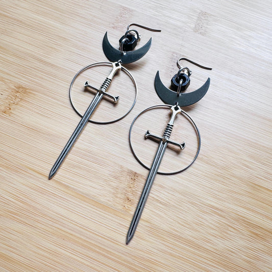 Sword Earrings, Goth Earrings, Moon Earrings Dangle, Punk Earrings, Silver Hoop Earrings, Whimsigoth Earrings, Industrial Earrings